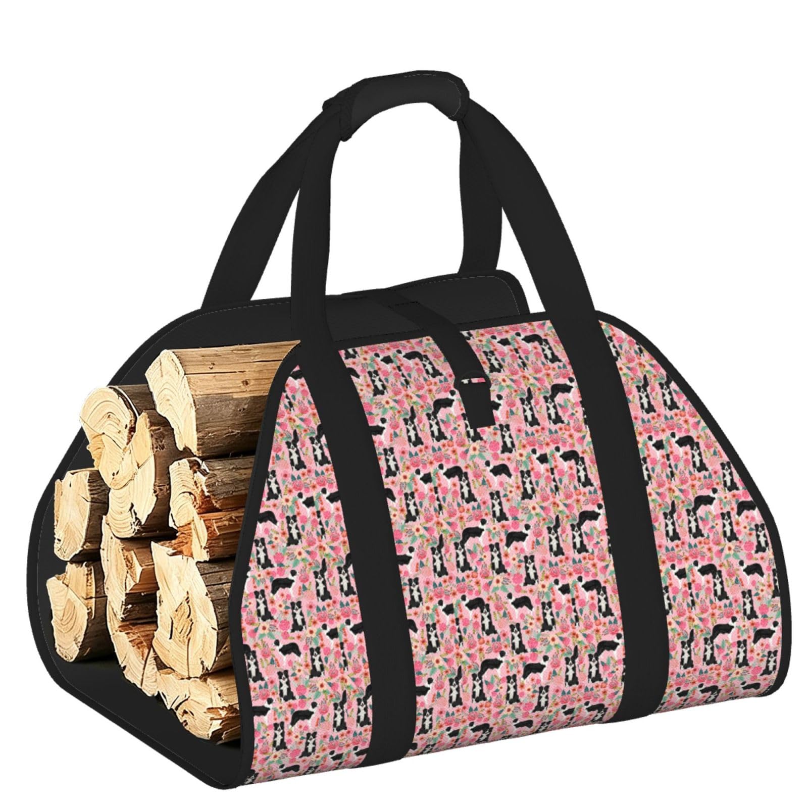 Pphgut Black Dog Print Firewood Bag Wood Carrier Transport Sack Camping Picnic Storage Daily Home