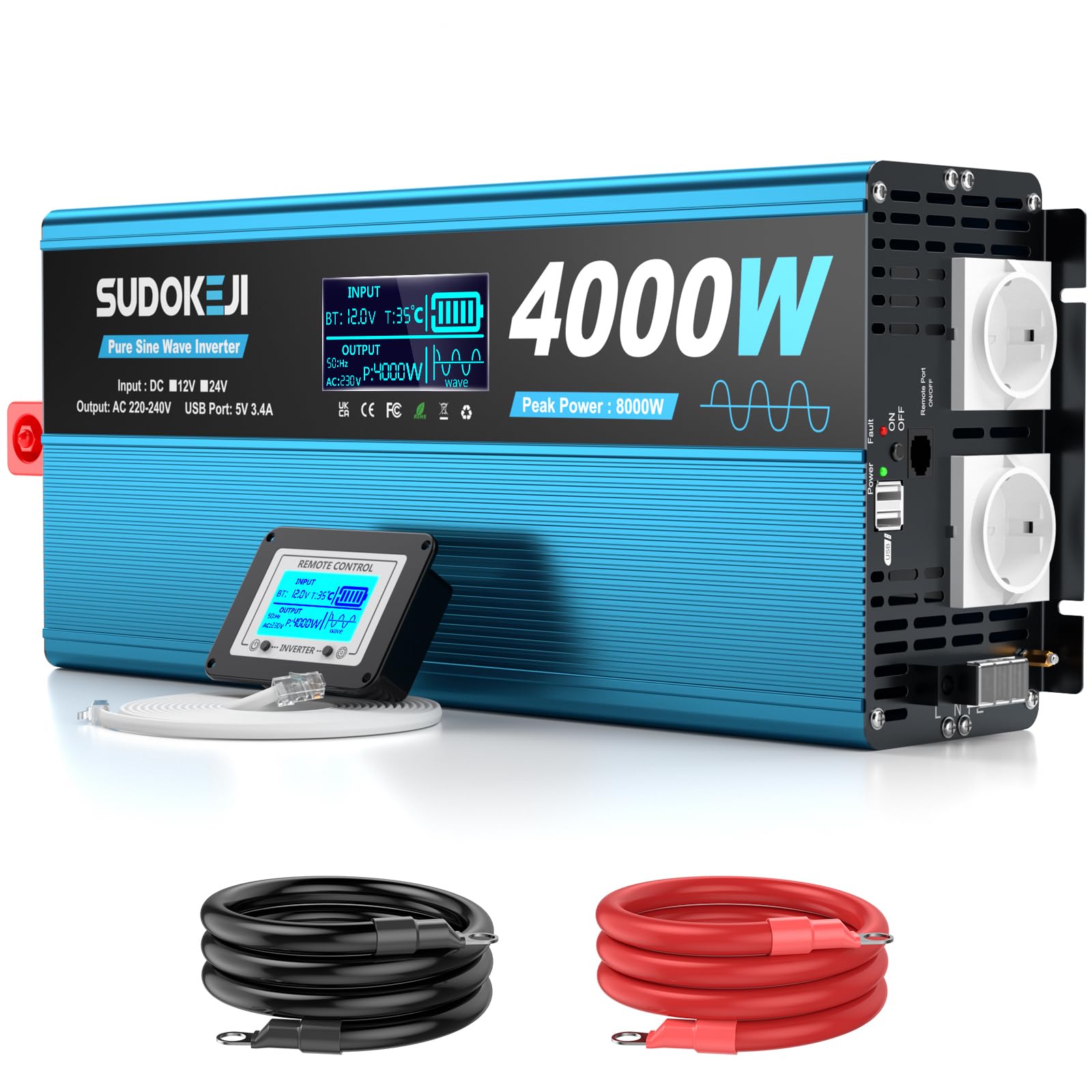 SUDOKEIJI Inverter 4000W Onda Sinusoidale Pura 12V a 230V Convertitore di Tensione con Telecomando Schermo LCD 2 Prese EU e 2 Porte USB per Camper Camion Campeggio Nautica