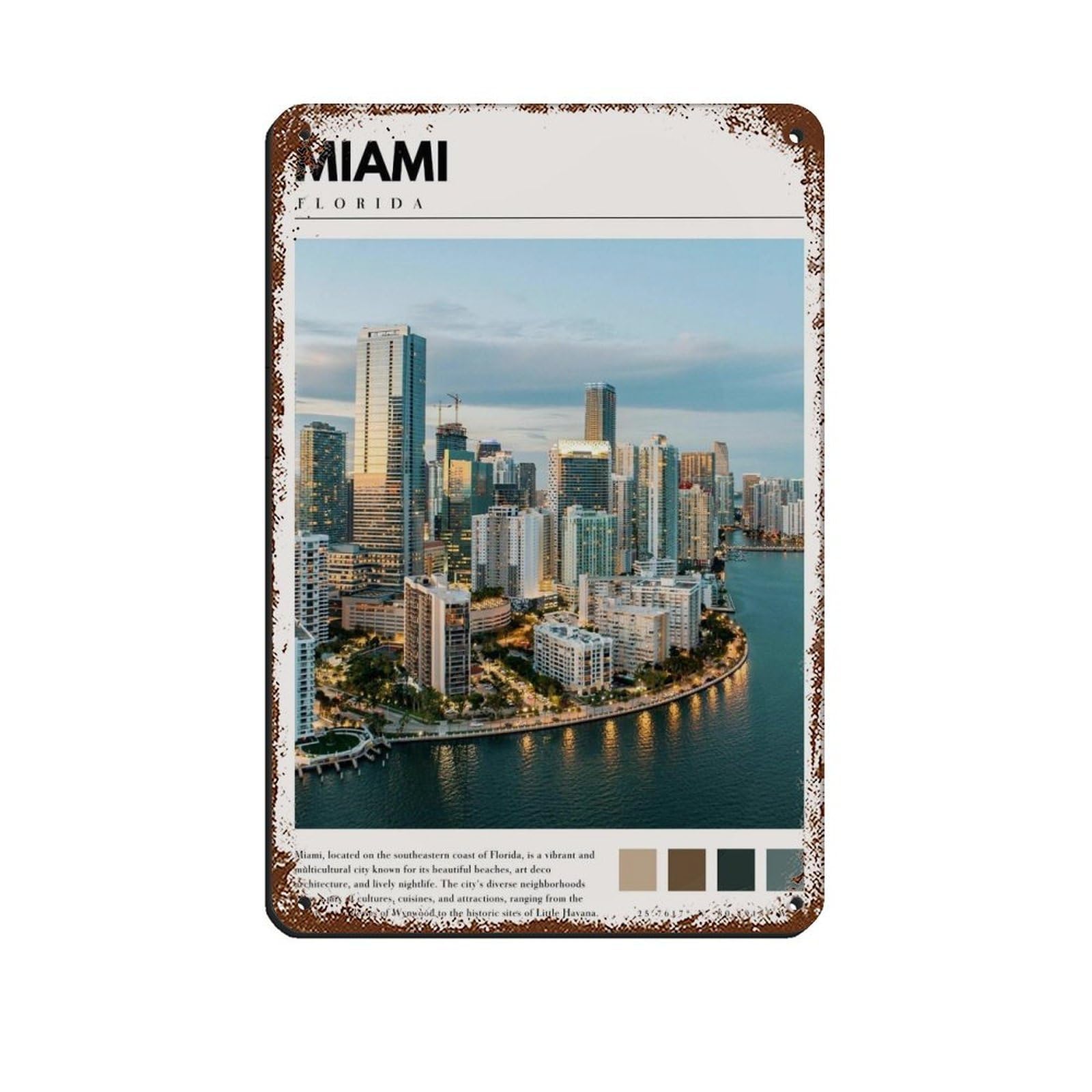 Miami Florida Poster Miami Art Retro Poster Metal Tin Sign Chic Art Retro Iron Painting Bar People Cave Cafe Family Garage Poster Wall Decoration 8x12inch(20x30cm)