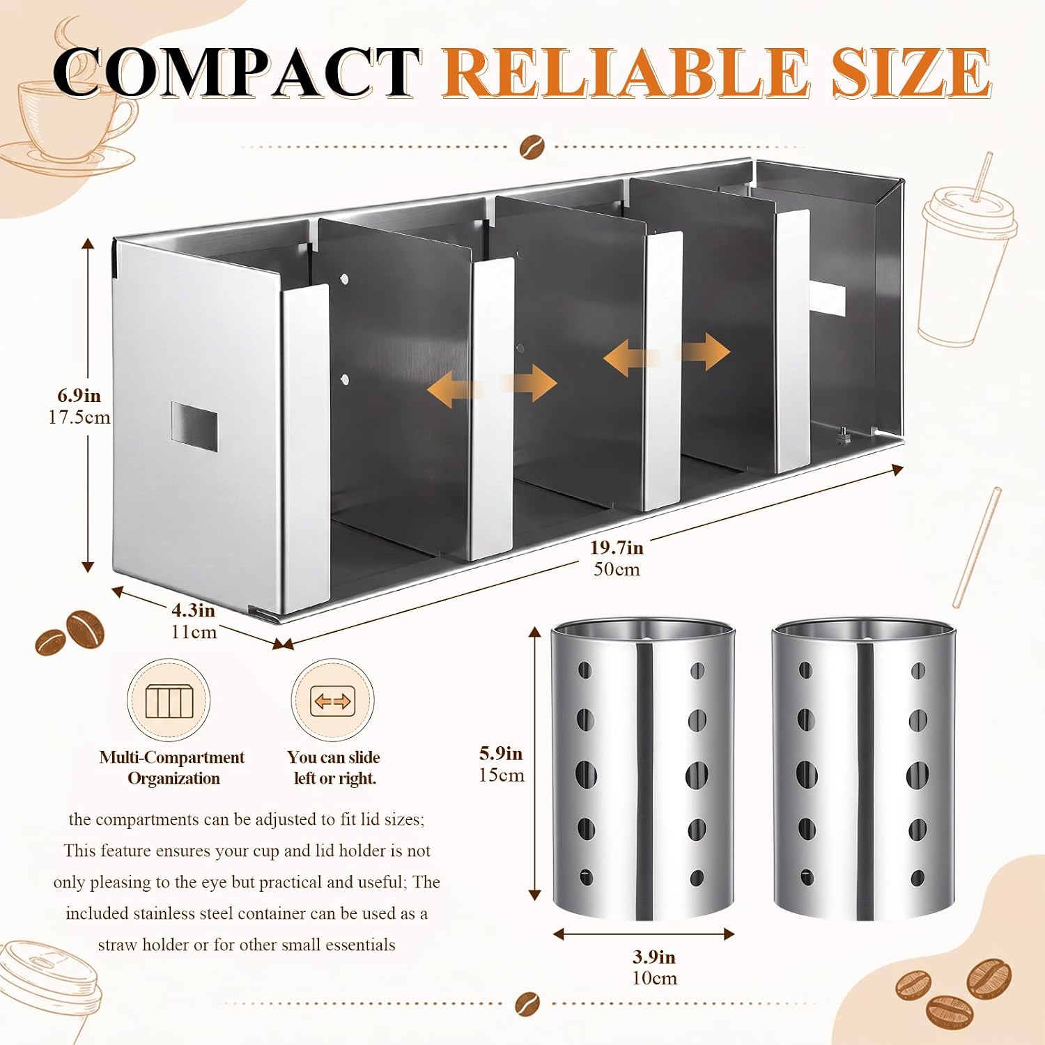 Hicarer 4 Compartments Stainless Steel Cup Dispenser with 2 Straw Holder