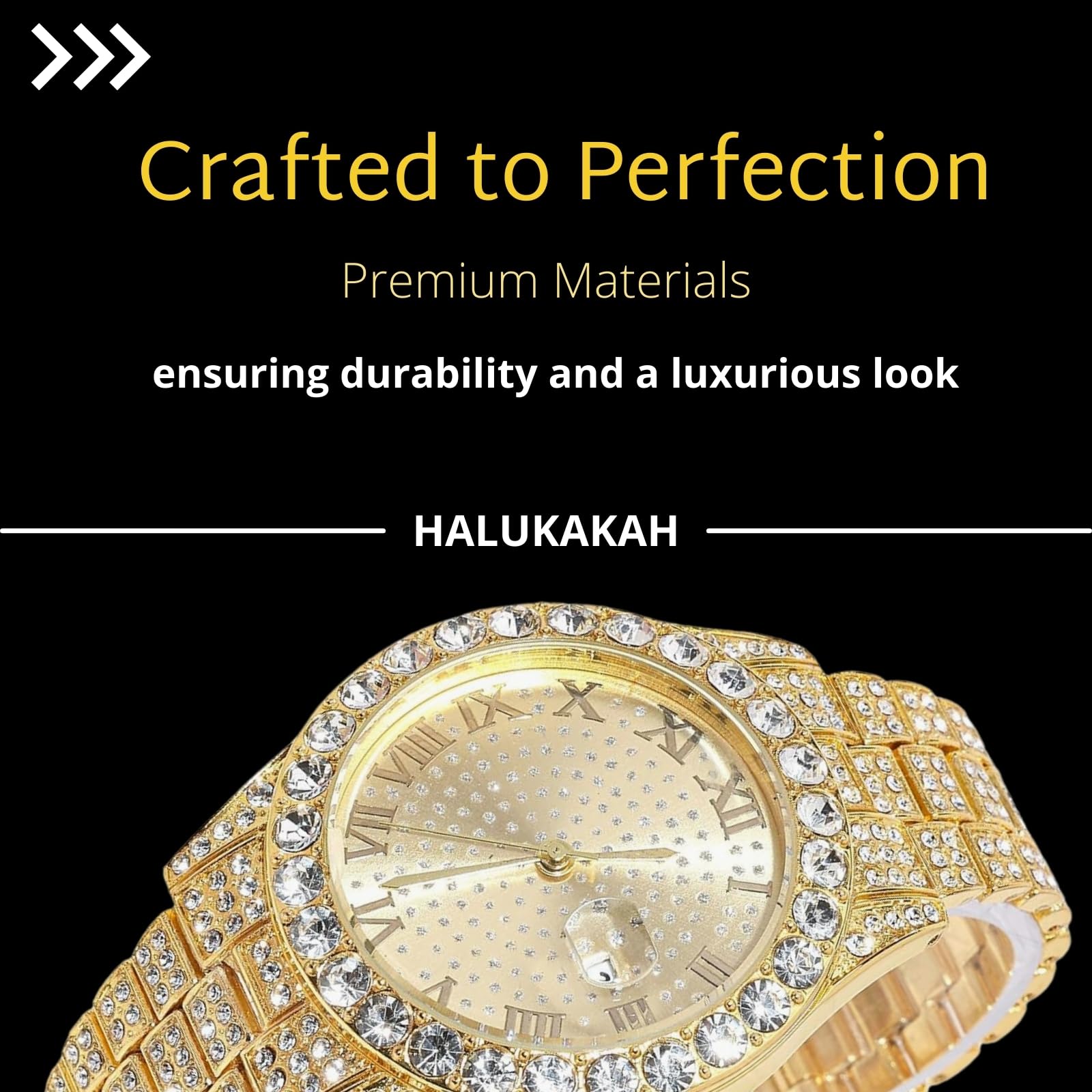HALUKAKAH Reloj de Oro con Diamantes para Niños,Adolescentes,Chicos - Chapado en Oro 18K/Platino,Esfera Redonda 42mm,Cuarzo Japonés - Longitud 20cm,con Herramienta de Ajuste - para Cumpleaños,Fiestas