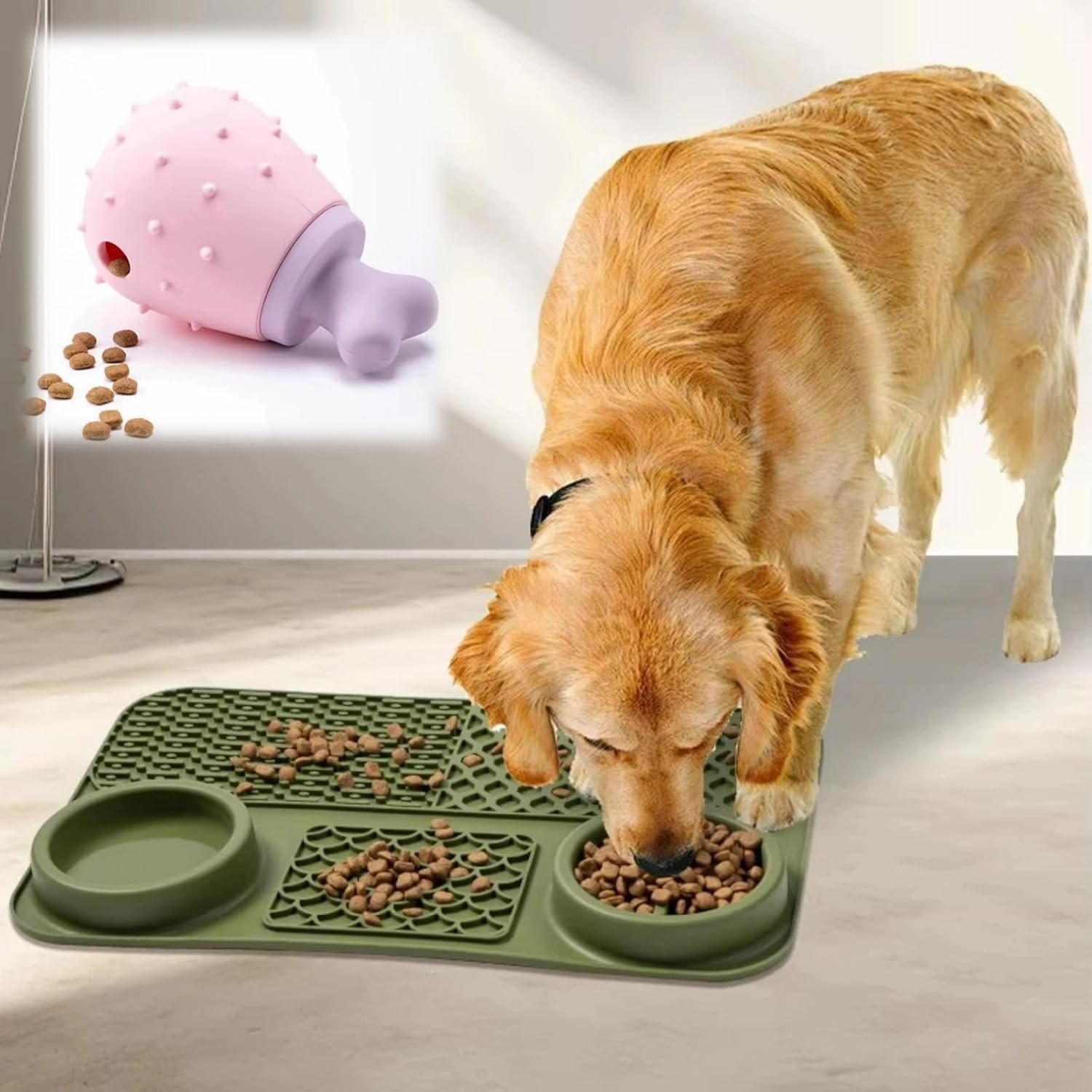 Cat Dog Slow Feeder Set Textured Slow Lick Mat & Drumstick Puzzle Toy Food Grade Silicone Easy to Clean Anti-Slip Base Pet Accessories (Mat+Toy-2 2pcs)