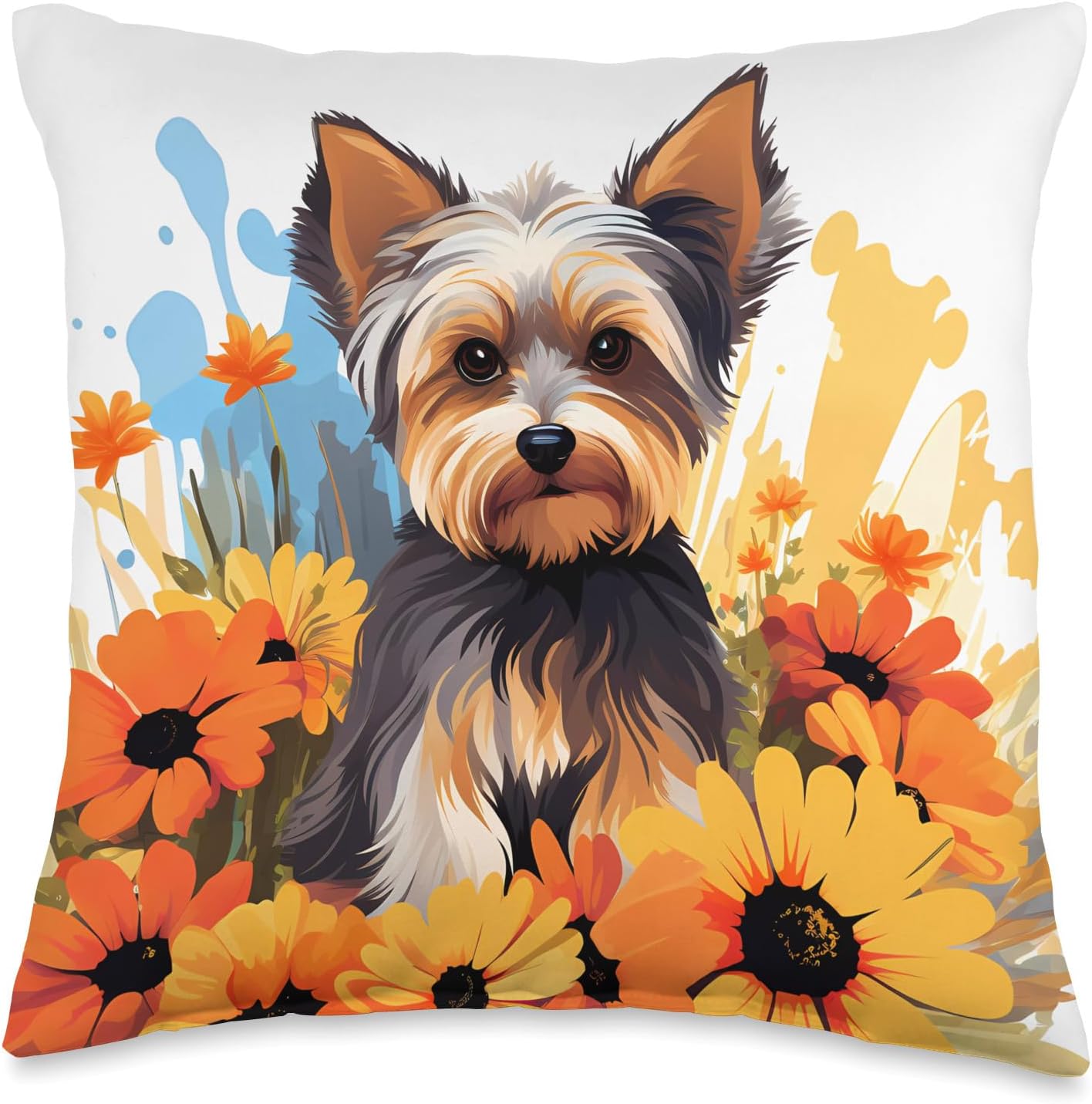 Cute Yorkie in Flower Garden Yorkshire Terrier Dog Mom Throw Pillow