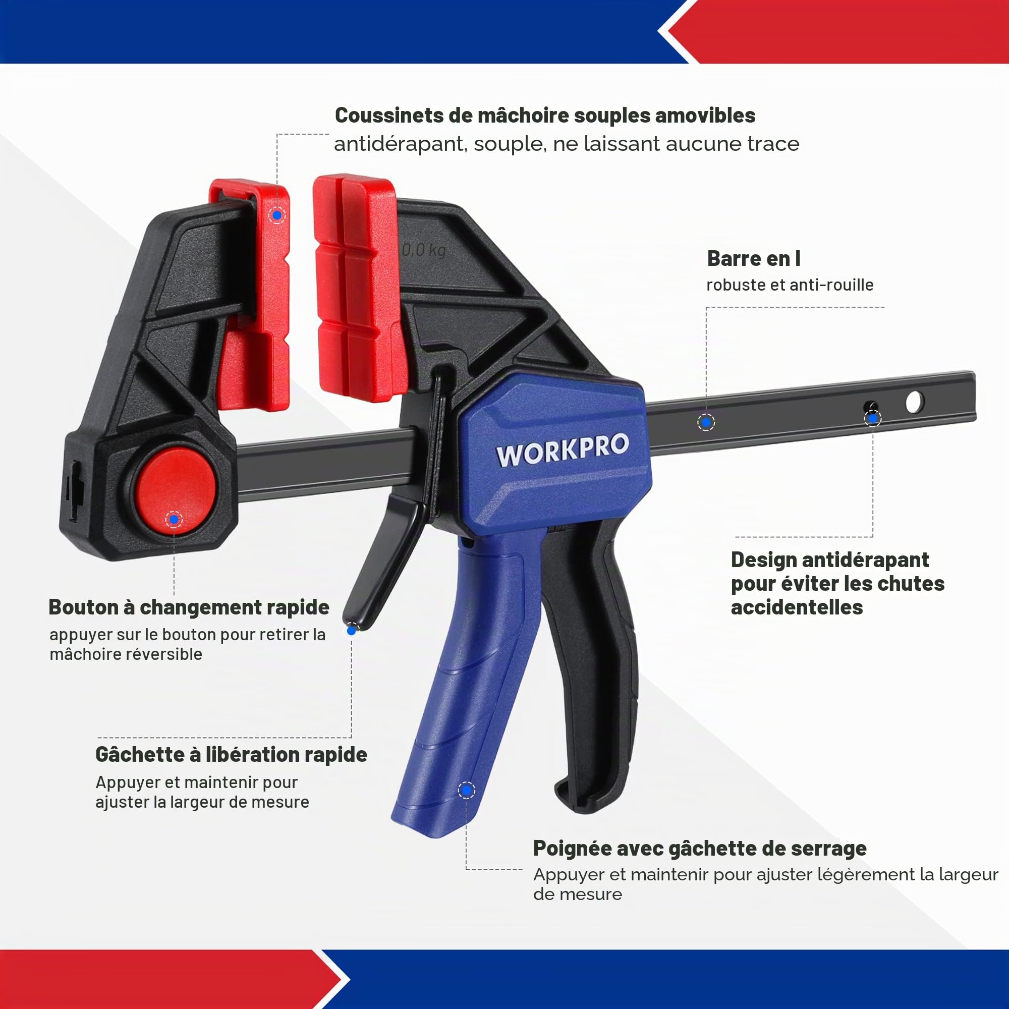 WORKPRO Jeu de Serre-joints Rapide 2 Pièces en Acier et Nylon Renforcé pour une Fixation Précise, Largeur de Serrage 152 mm, Force de Serrage Maximale 136 kg,Plage d'Etirement 175-335 mm