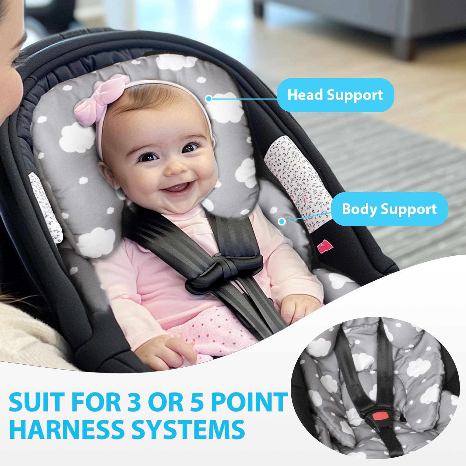 Boryokun Infant Carseat Insert 2-in-1 Reversible Cushion Carseat Head Support for Newborn, Breathable Minky Baby Car Seat Cushion for Carseats, Stroller, Swing, Bouncer (Grey)