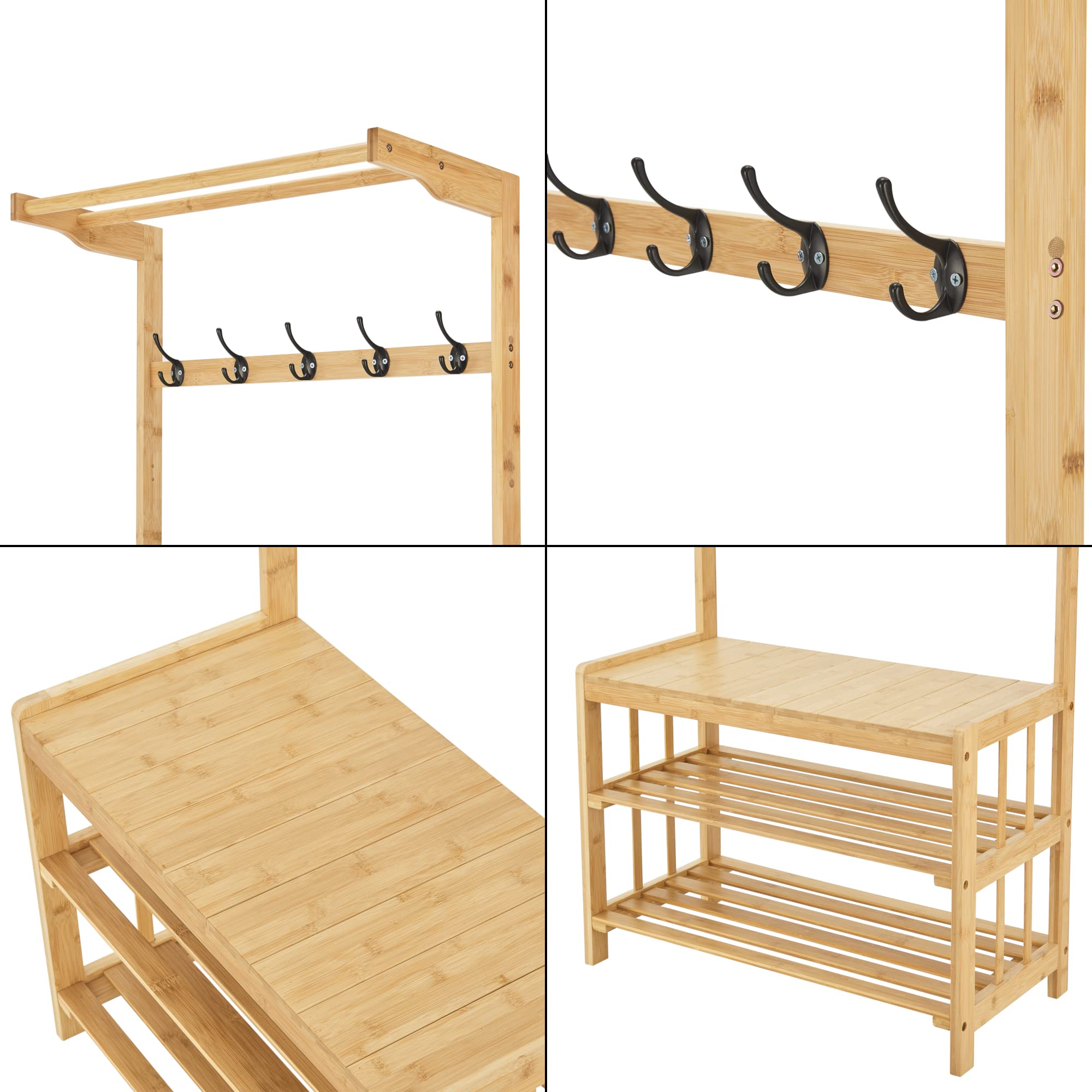 [en.casa] Stand Appendiabiti in Bambù (AxLxP) 168 x 70 x 35 cm Organizzatore Guardaroba per Ingresso - Porta Abiti con Barra e Ganci, Portascarpe a 2 Ripiani