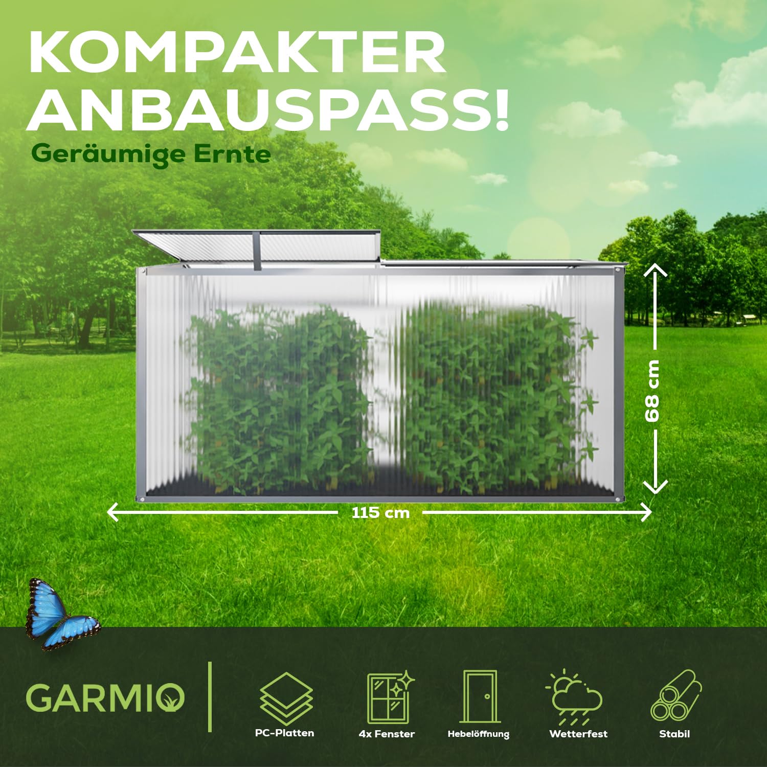 GARMIO® Gewächshaus Protea Klein, Alu Frühbeet, Mini-Gewächshaus, Treibhaus, Frühbeetkasten, Pflanzenbeet, Anzuchtbeet, Tomatenhaus, Pflanzenhaus für Garten, mit 4X Hering