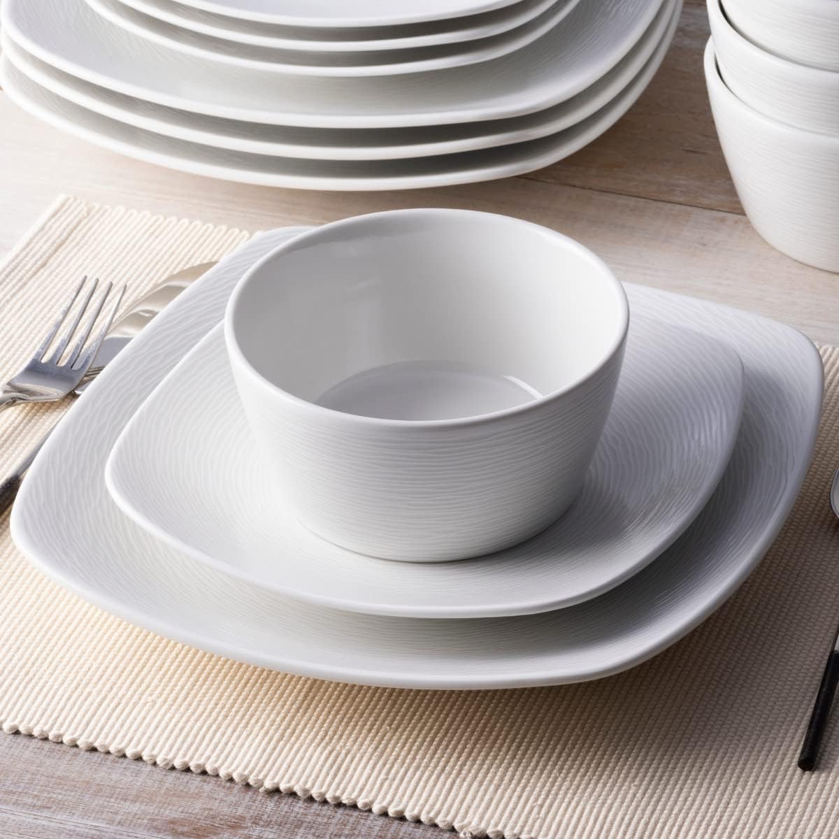 Noritake Colorscapes White-on-White Swirl 12-Piece Square Dinnerware Set, Service for 4