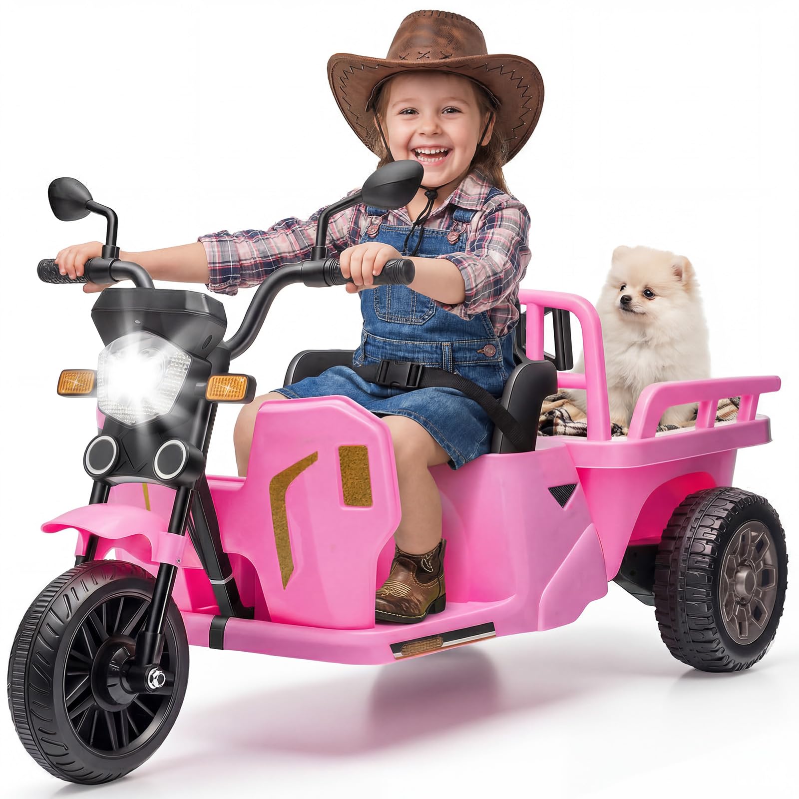 Garvee 12V Electric Kids Ride on Car, Battery Powered Ride On Motorbike for Children 3-8 Years, 3-Wheel Electric Trike with Music, LED Lights, Horn, Dump Truck Storage Trailer, Pink