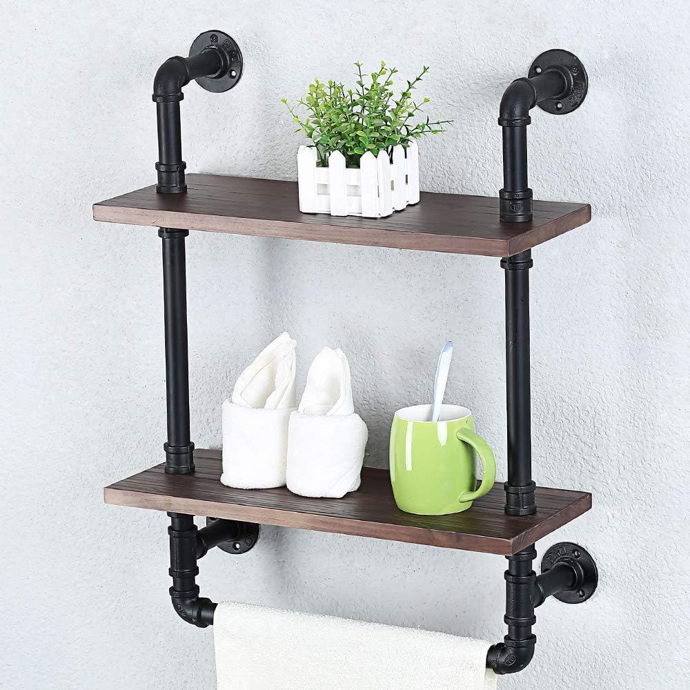 🛒 Crazy Deals Industrial Wood Bathroom Shelf Over Toilet with Towel Bar,Rustic Bathroom Shelves Floating Shelves 2 Tier,19.68in Pipe Shelves Pipe Shelf Towel Racks Wall Mounted,Farmhouse Pipe Shelving Towel Holder