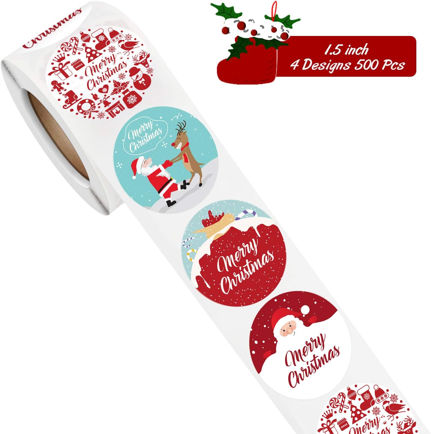 Dongpong Merry Christmas Stickers Labels Roll 1.5 Inch 4 Designs Round Christmas Tags 500 Adhesive Xmas Decorative Envelope Seals Stickers for Cards Gift Envelopes Boxes : Office Products