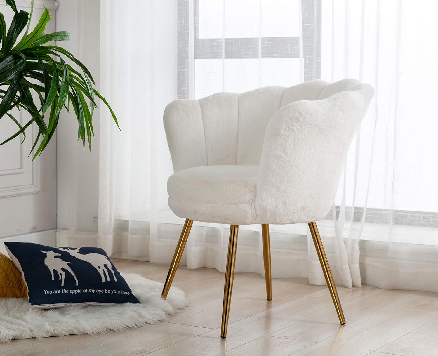Kmax Fur Accent Chair for Living Room/Bed Room, Upholstered Mid Century Modern Cute Vanity Chair with Gold Metal Legs, Guest Chair, Leisure Arm Chair - White