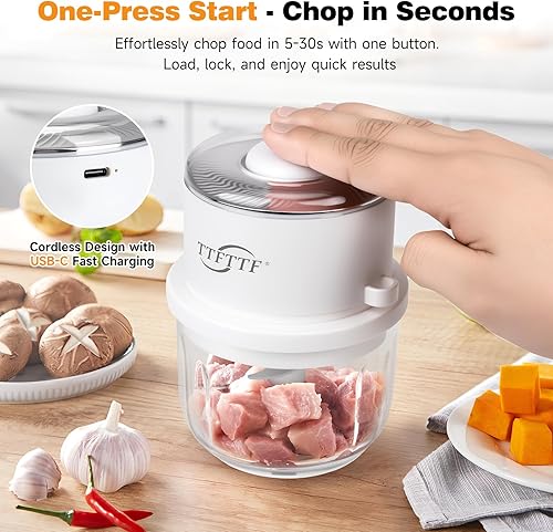 Miniatura 5 de Picadora eléctrica de ajo, tazón de vidrio de 11.8 fl oz, mini procesador de alimentos, picadora portátil de verduras, cebolla y ajo, licuadora