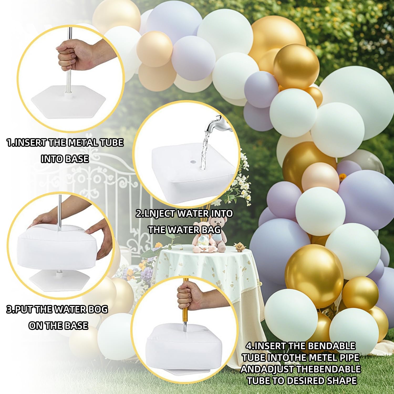 Ballonbogen-Ständer-Set, Partyzubehör, 2,5 m und 1,5 m, halber Bogen-Ballonständer mit Wasserfüllbeutel, frei biegbarer Ballonhalter für Hochzeit, Babyparty, Geburtstag, Party-Dekorationen, Gold
