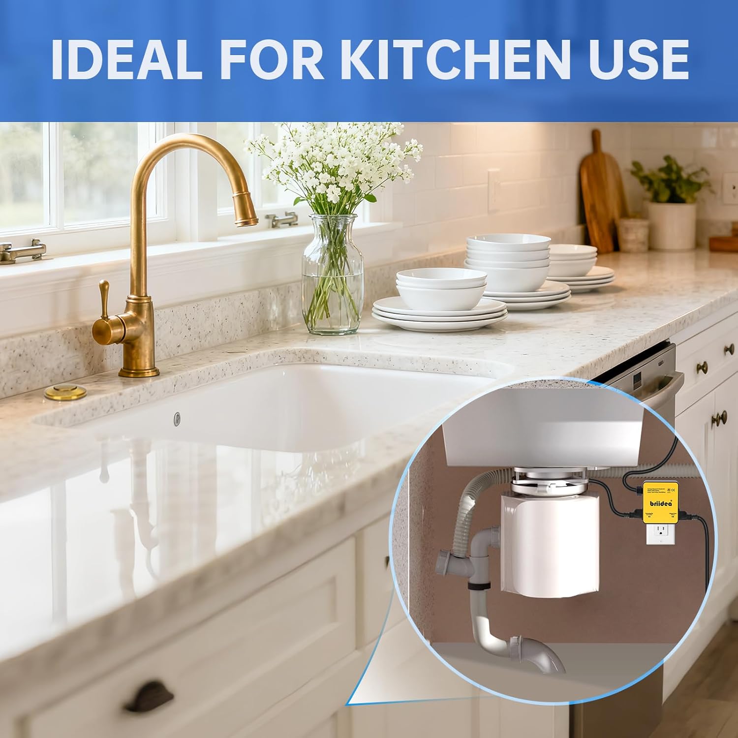 Garbage Disposal Air Switch Kit Dual Outlet Sink Top Waste Disposal Long Stainless Steel Golden Brushed On/Off Air Button Food and Waste Disposals Part by Briidea, UL Listed
