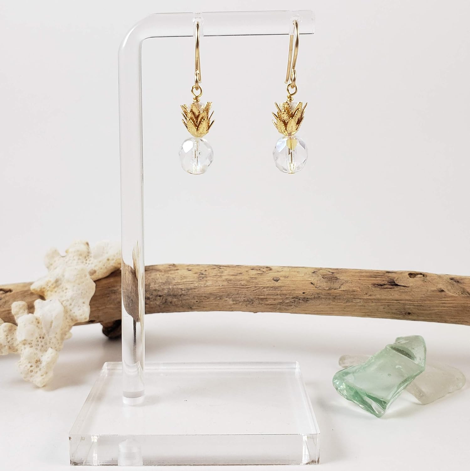 Pineapple crystal clear earrings in gold-hypoallergenic for sensitive skin, Handmade in Hawaii Beach Jewelry