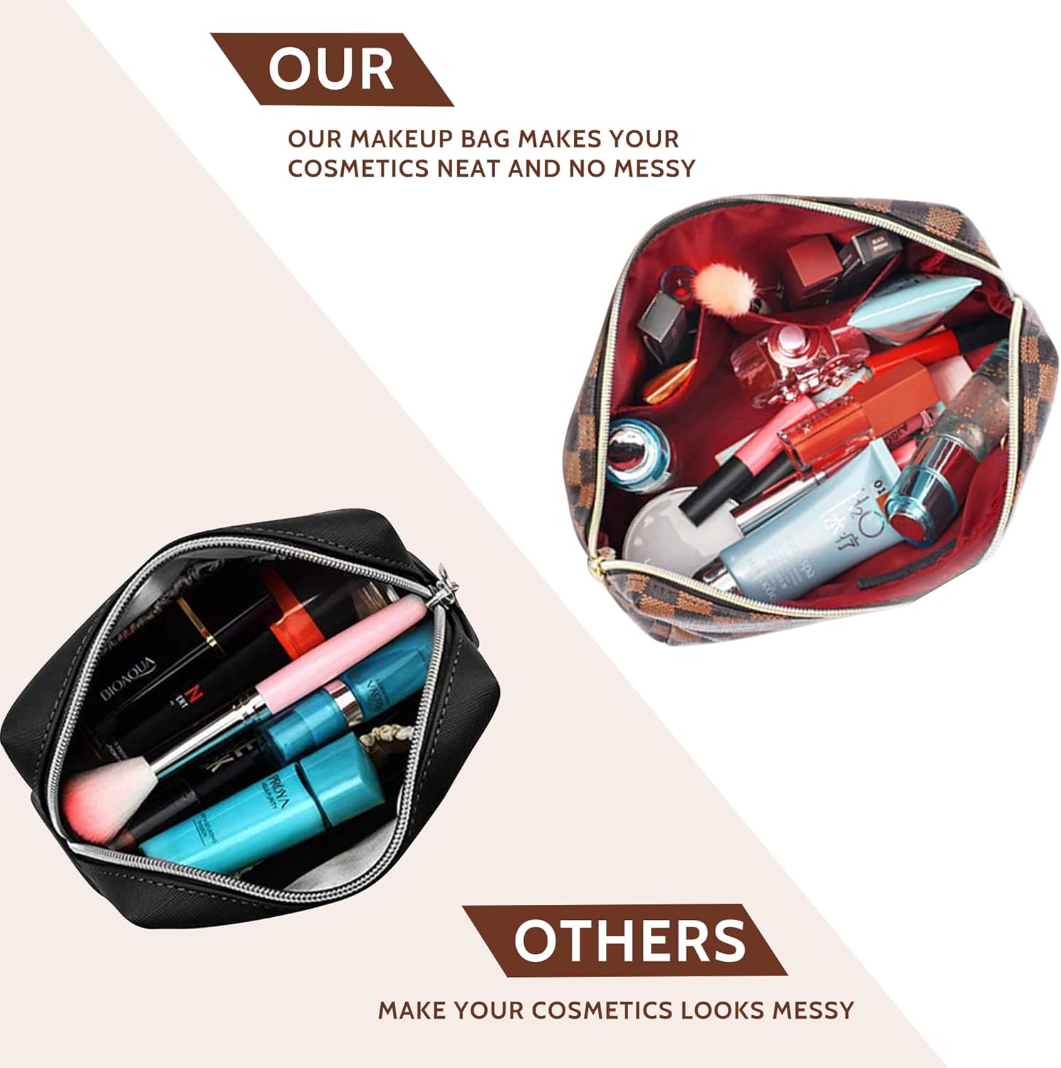 2 Pack Makeup Bag Set for Women, Large Brown Leather Cosmetic Bag + Small Zipper Pouch, Water-Resistant Travel Toiletry Organizer with Smooth Metal Zipper, Stylish Storage for Daily Use & Gift