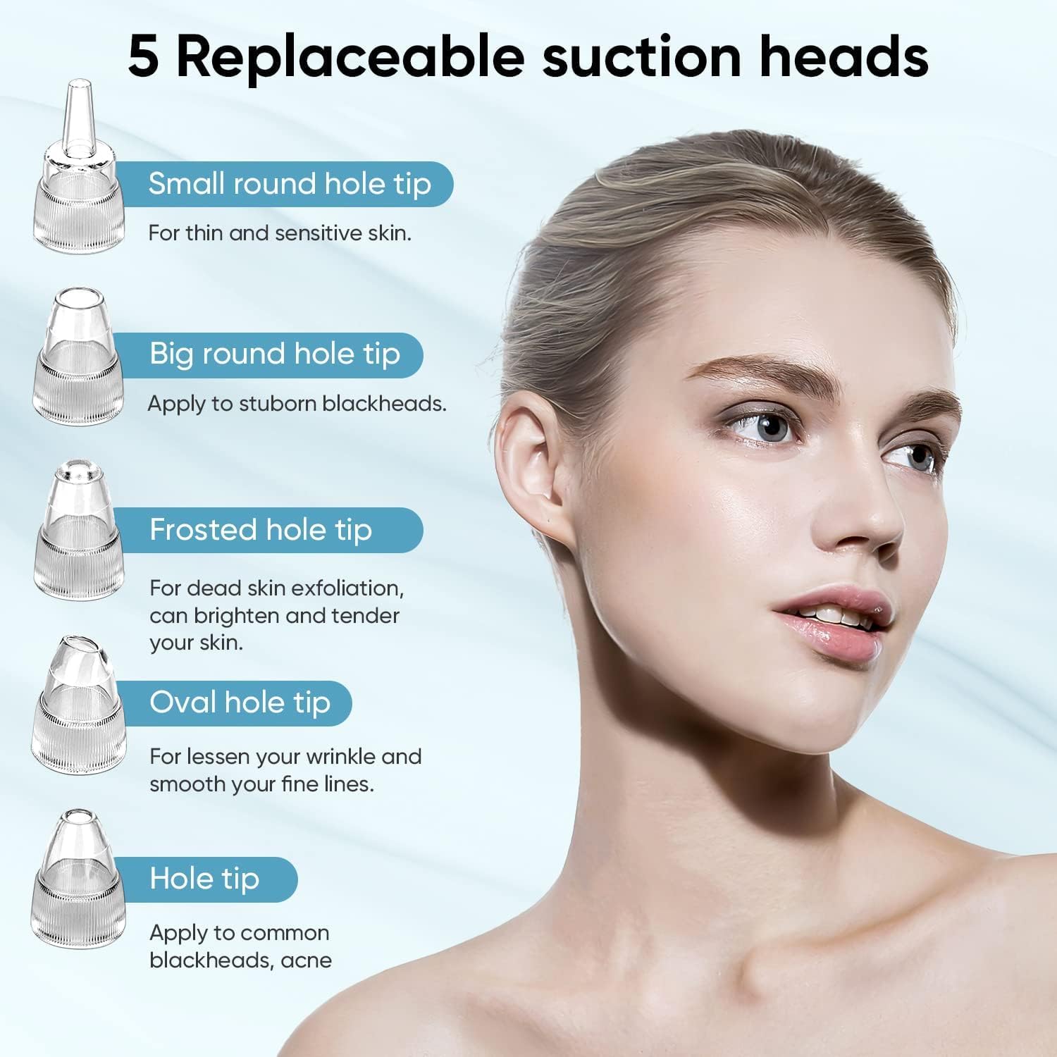 Blackhead Remover for Face, Pore Vacuum Tool, 3 Suction Levels, 5 Heads