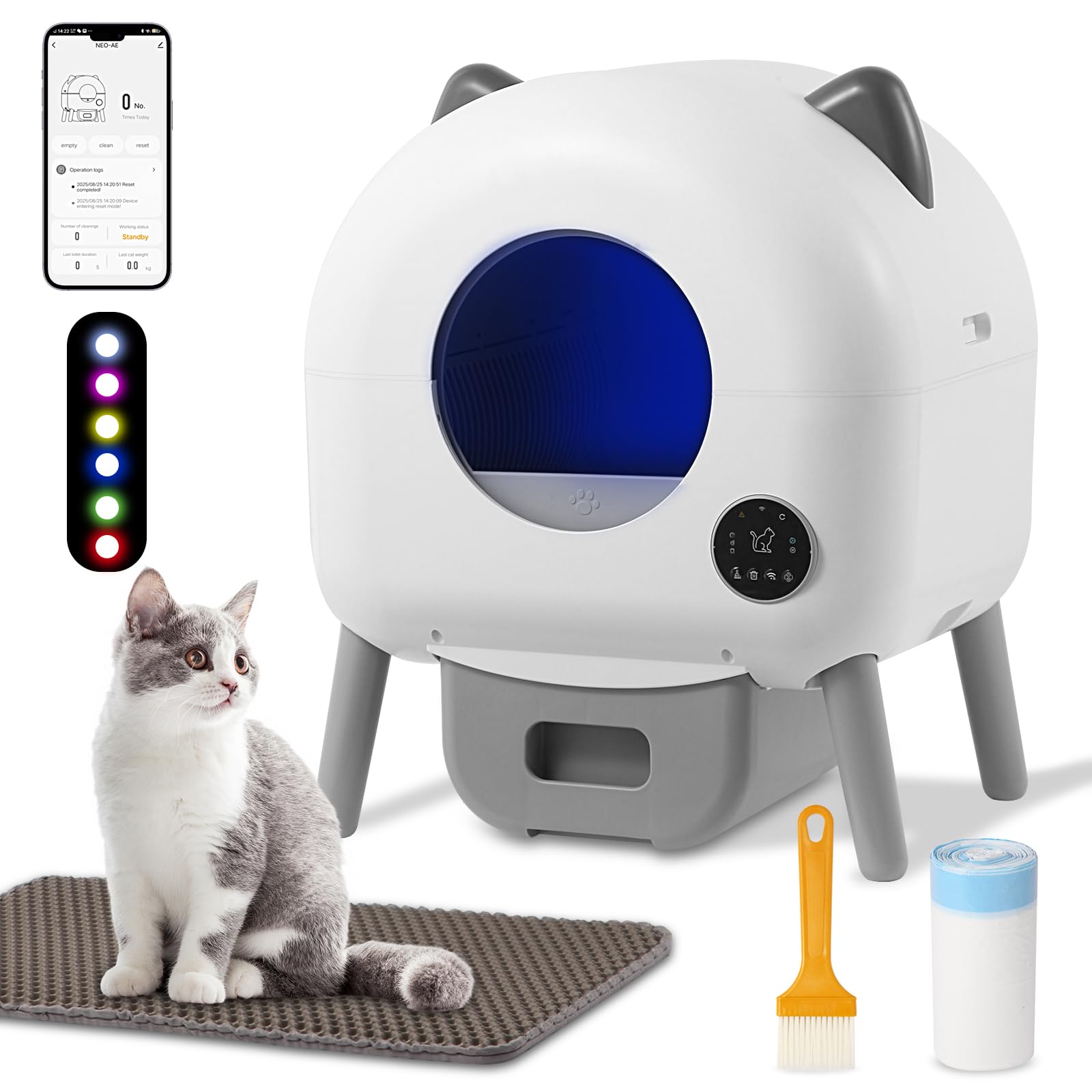 Veathzet Self Cleaning Litter Box, Automatic Cat Litter Box, Self Cleaning for Cats, 76L Large Capacity for Multiple Cats with App Control Multi Safety Protection, Garbage Bags, Mat, Brush