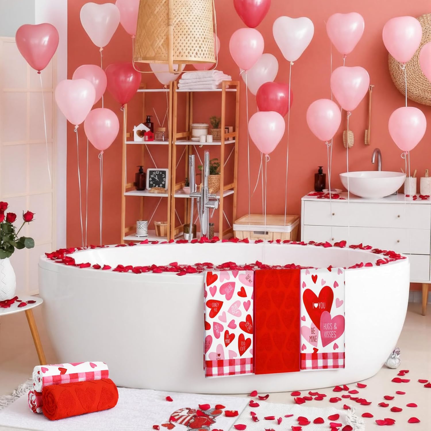 Moukeren 3 Pcs Valentine's Day Hand Towels 16" x 28" Red Pink Heart Decorative Bathroom Towels Valentine's Day Cotton Absorbent Gift Set for Kitchen Bathroom Gift Decor - Image 8