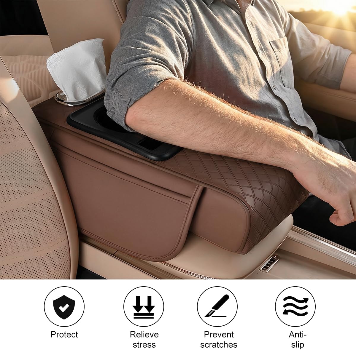 Car Armrest Cushion, 4-in-1 Nappa Leather Vehicle Centre Console Cover with 2 Storage Pockets, Cup Phone & Phone Holder, Multifunctional Auto Organiser Accessories, Universal Fit (Coffee)