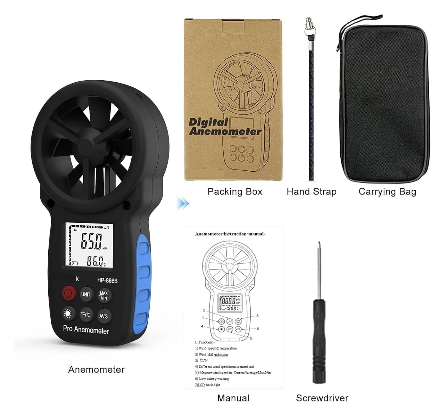 Handheld Digital Anemometer, HP-866B Measures Wind Speed Temperature and Wind Chill with Backlit Display Air Flow Meter