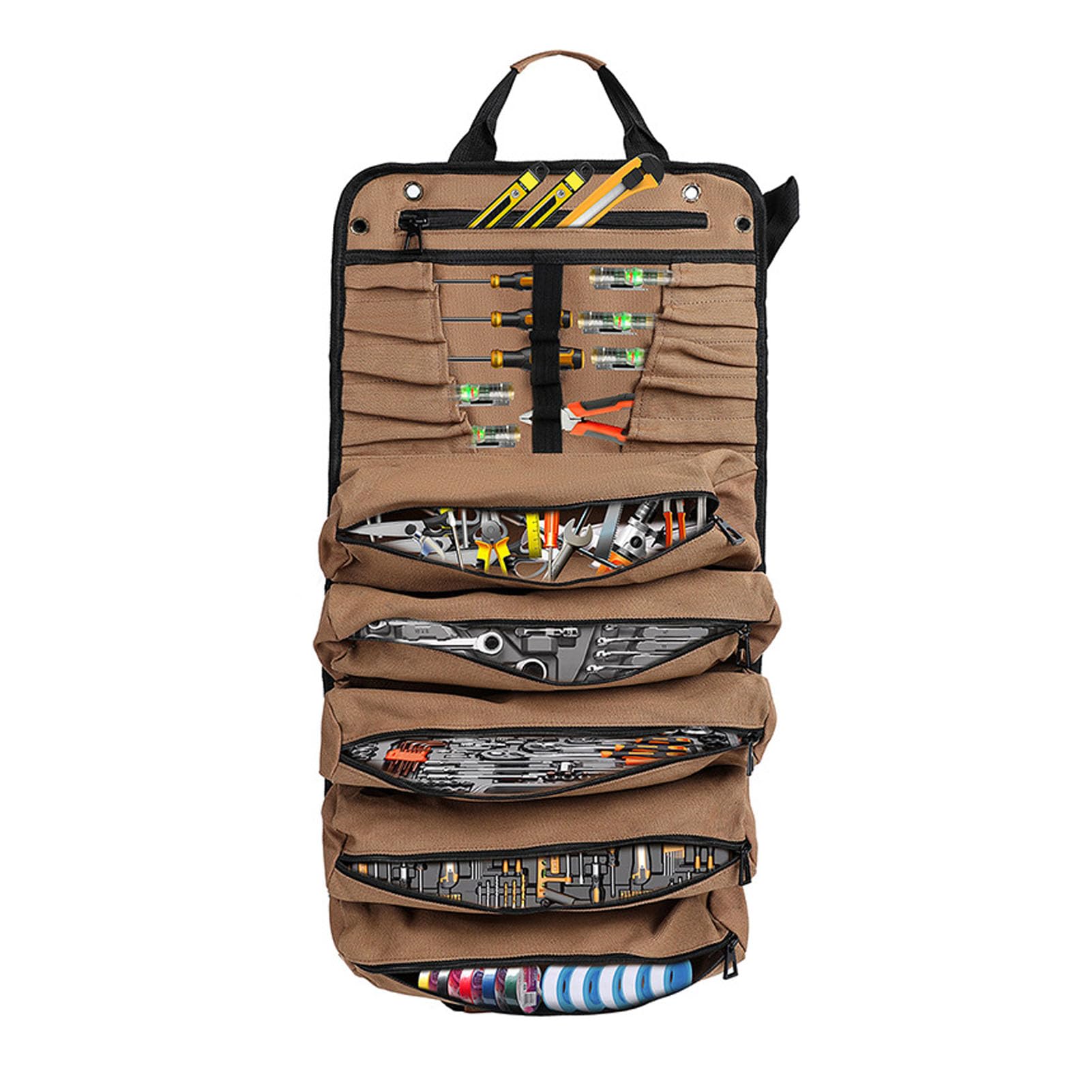 Bolsa de Herramientas, Bolsa de Herramientas Enrollable, Bolsa de Herramientas de Lona, ​​organizador de Herramientas en Rollo con 7 Bolsillos Individuales, Bolsa Multiusos con Cremallera para Herrami