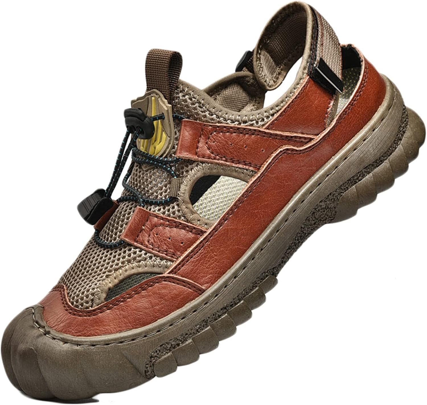 Ramemo 夏靴 登山サンダル トレッキングサンダル メンズ スポサン ビーサン ビーチサンダル 本革 レザー 革靴 スプリングストッパー マジックテープ つま先保護 キャンプ メッシュ 厚底 透かし彫り 大きいサイズ 屈曲 予約販売品