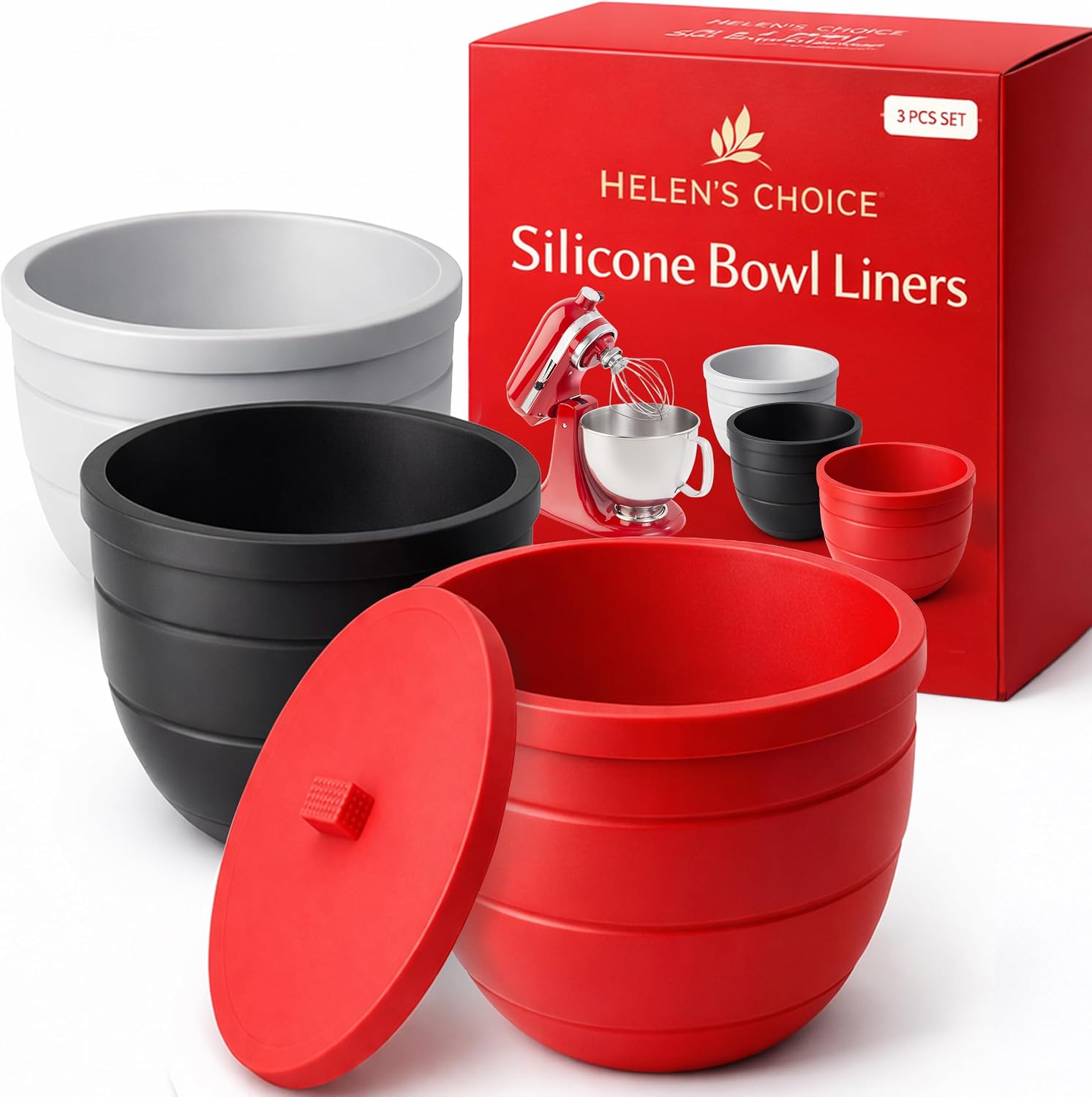Helen's Choice Non-Sticky Extra Thick Silicone Bowl Liners for KitchenAid 5 Qt Stand Mixer – Reusable Silicone Inserts with Lids for Easy Dough Prep & Storage, Dishwasher Safe Food-Grade (Pack of 3)