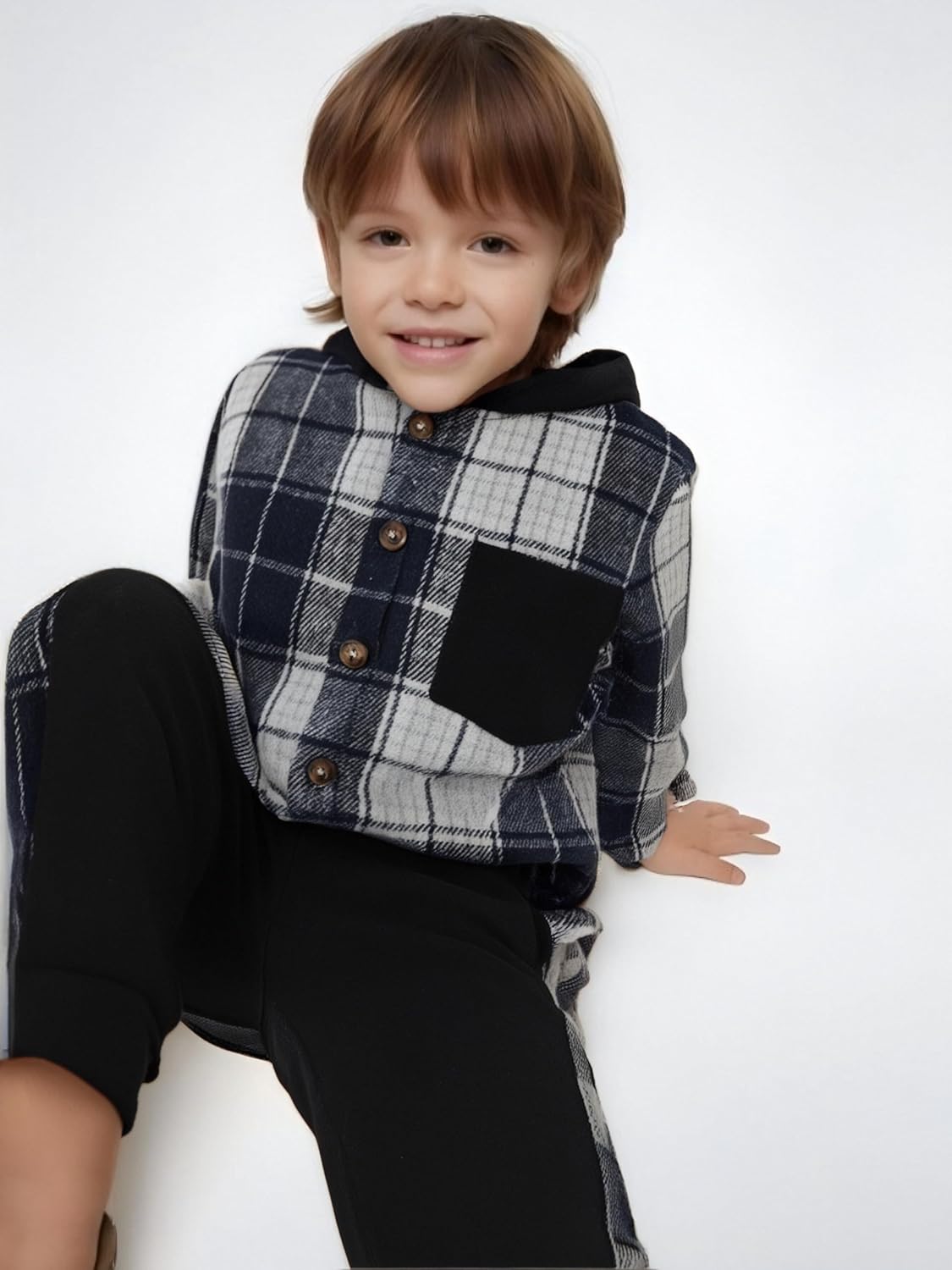Boys Clothes Plaid Hooded Shirt 2pcs Outfit, Button Front Toddler Fall Winter Hoodie & Sweatpants Set, 4-8 years - Image 3