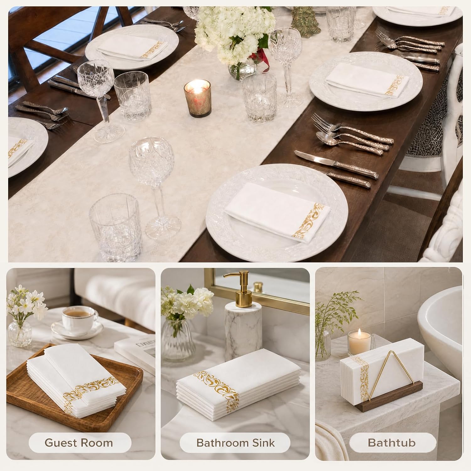 BESTVIP 200 Pack Disposable Hand Towels for Bathroom, Linen Feel, Gold image 4