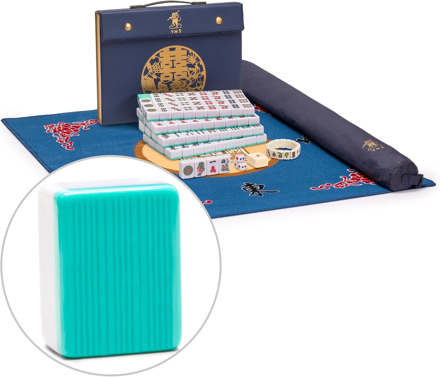 Yellow Mountain Imports Mahjong Bundle - Bleau Opal Chinese Mahjong Game Set with Mahjong Mini-Tiles Bracelet and Blue 31.1-inch Table Cover
