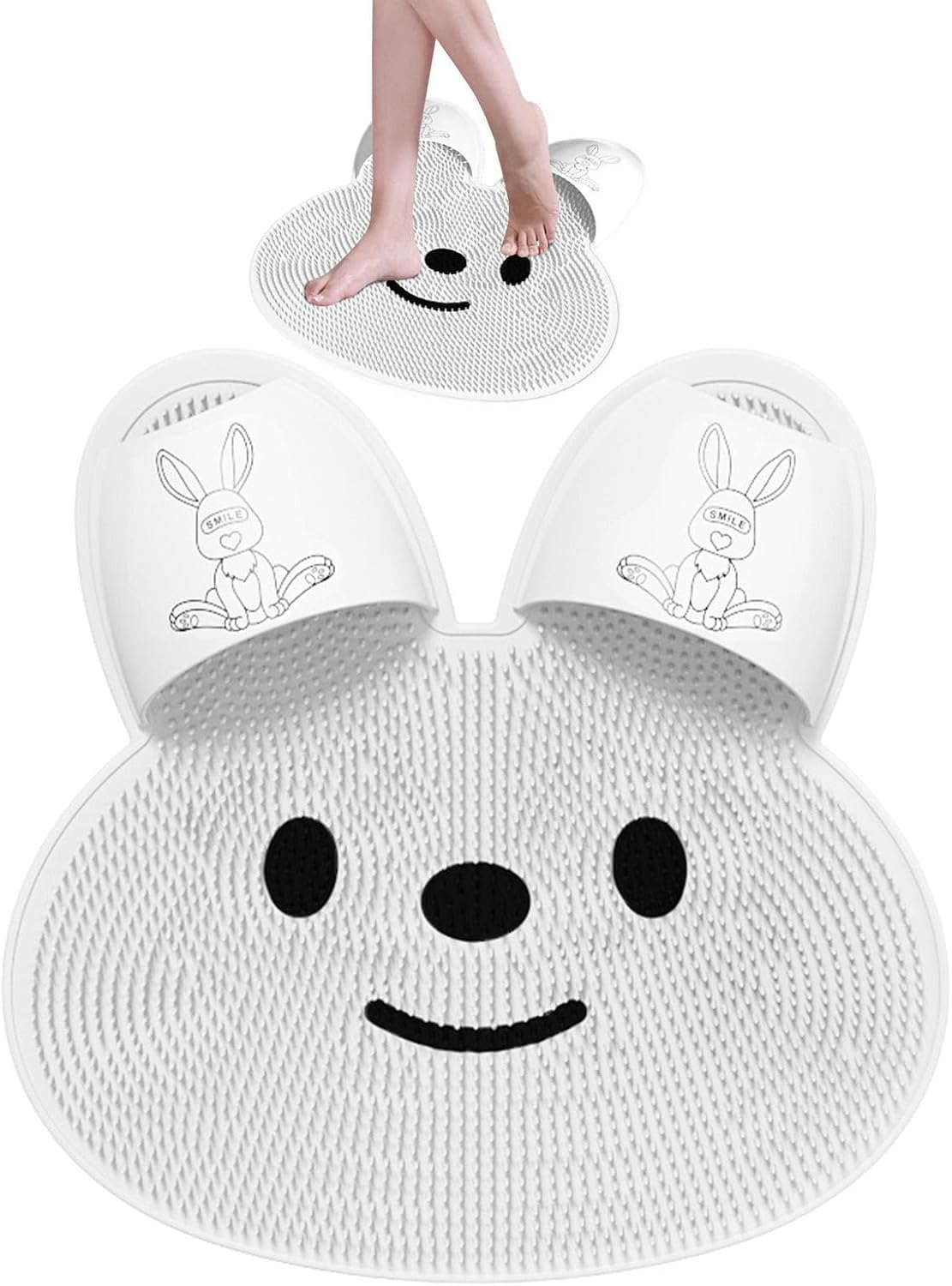 Shower Foot Cleaner Mat, Rabbit Shape Silicone Bath Massage Pad, Back Scrubber for Showering and Bathing, 45cm (White)