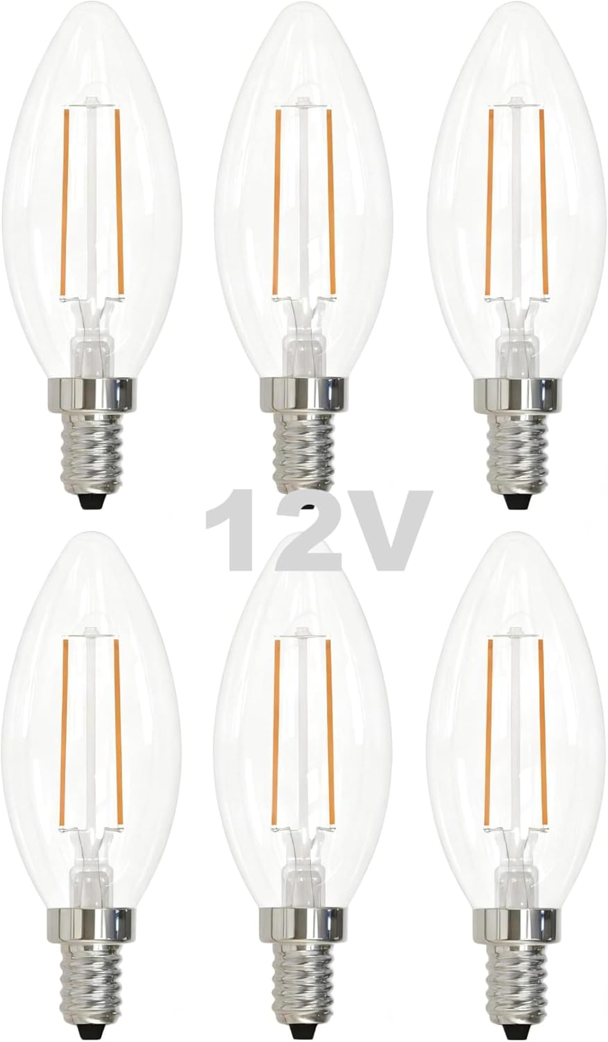 12V LED Candelabra Light Bulbs Low Voltage - Warm Light 2W E12 Small Base 25W Equivalent - DC Bulb for RV, Solar Panel Project, Boat, Garden Landscape, Off-Grid Lighting, Pack of 6