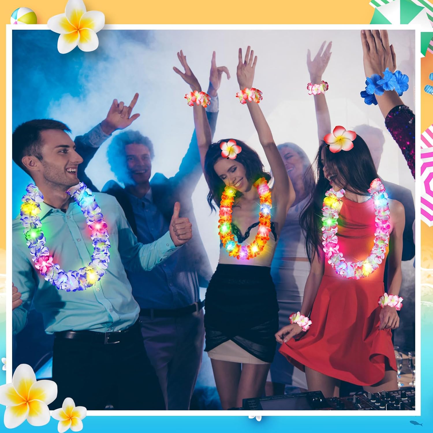Sherr 48 Pcs Hawaiian LED Luau Leis Party Decorations Supplies Set 12 Light Up Tropical Leis Flowers Necklaces 24 Bracelets 12 Hair Clips Bulk Masquerade Wedding Summer Beach Carnival Party Favors