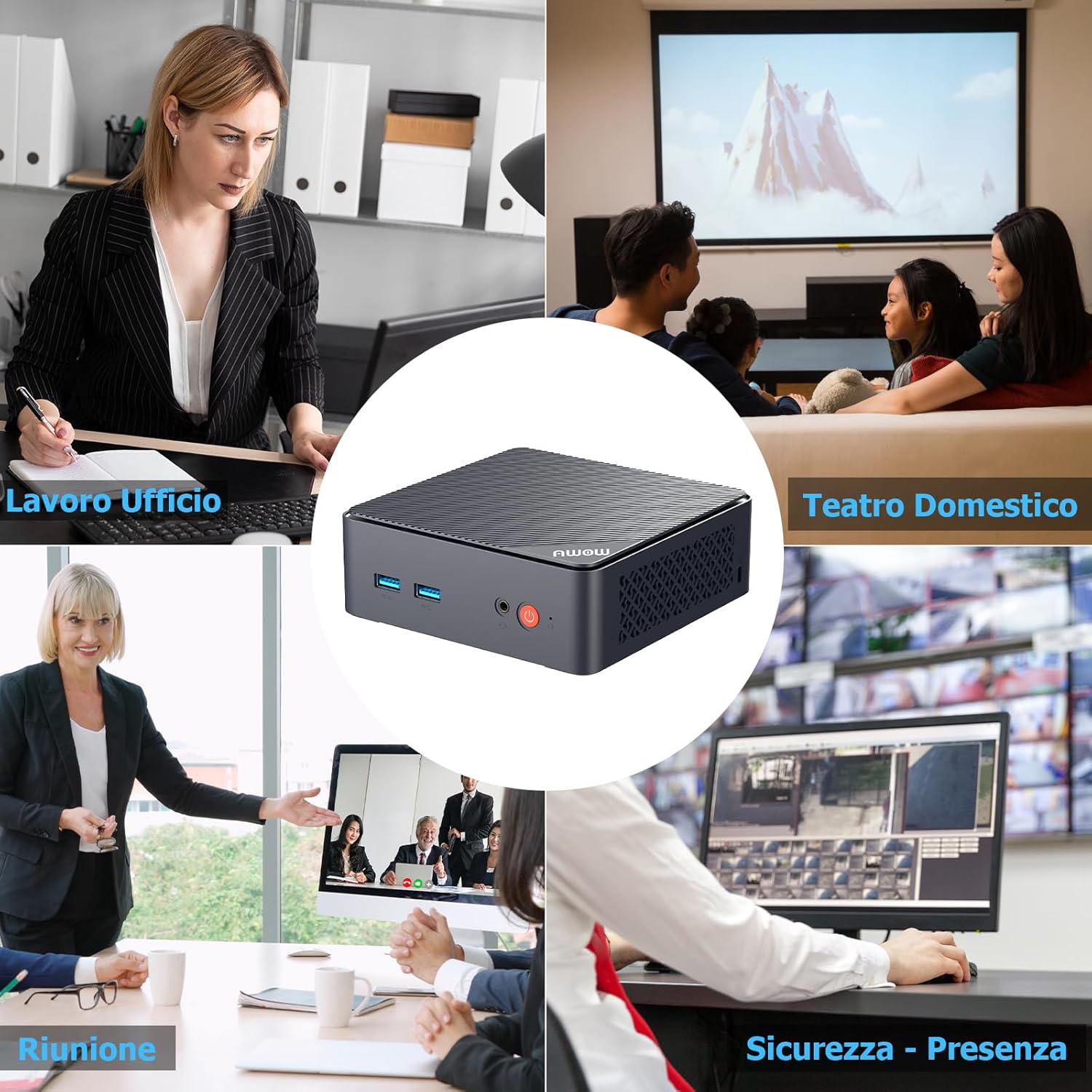 Four scenarios showing the AWOW Mini PC being used for office work, home theater, meetings, and security monitoring.