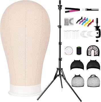 22 Inch Canvas Wig Head Mannequin HeadWig Stand Tripod Manikin Canvas Head Set for Wigs Making Display Styling Head with Tripod Table Clamp Wig Caps Pins Set Hair Brush&Clips Beige
