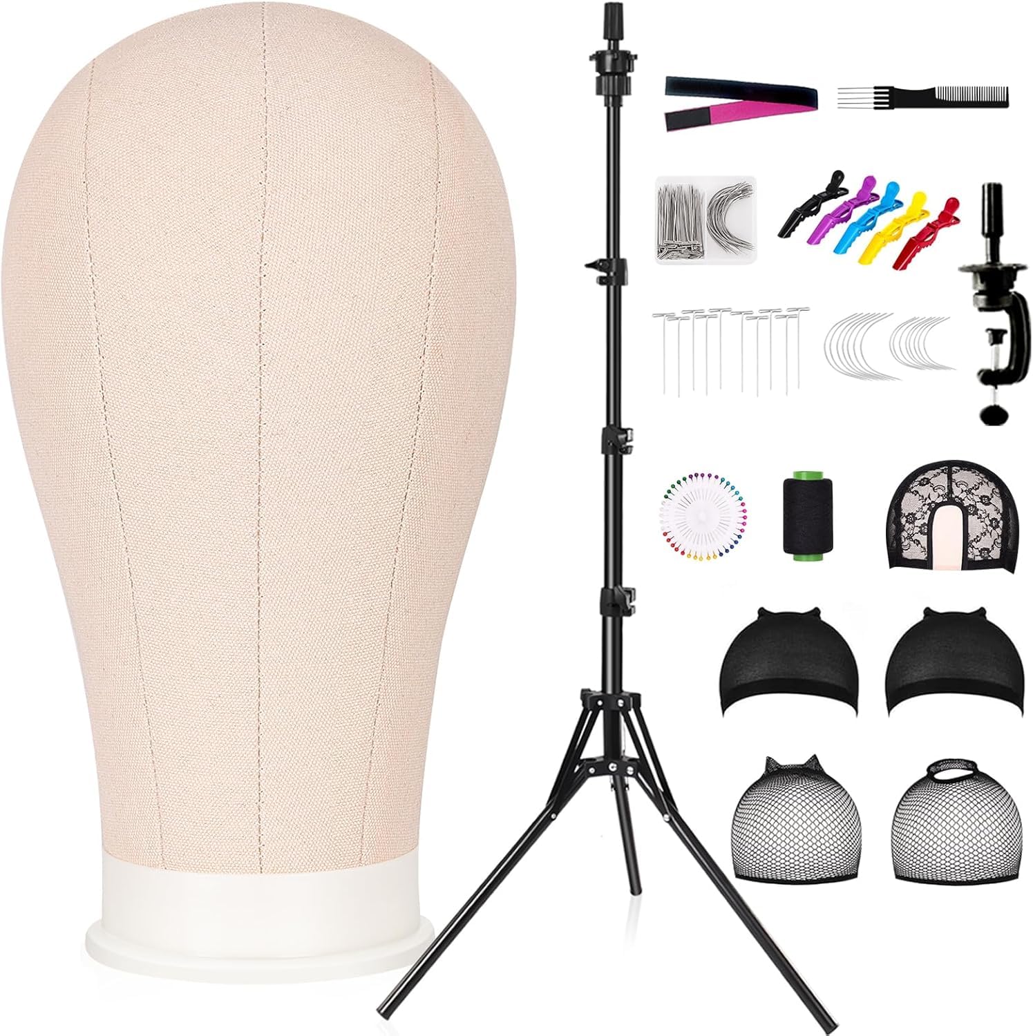 Tête de perruque 58 cm, tête décorative avec support 160 cm, mannequin en toile, pince de table, stylos T et brosse à cheveux, beige