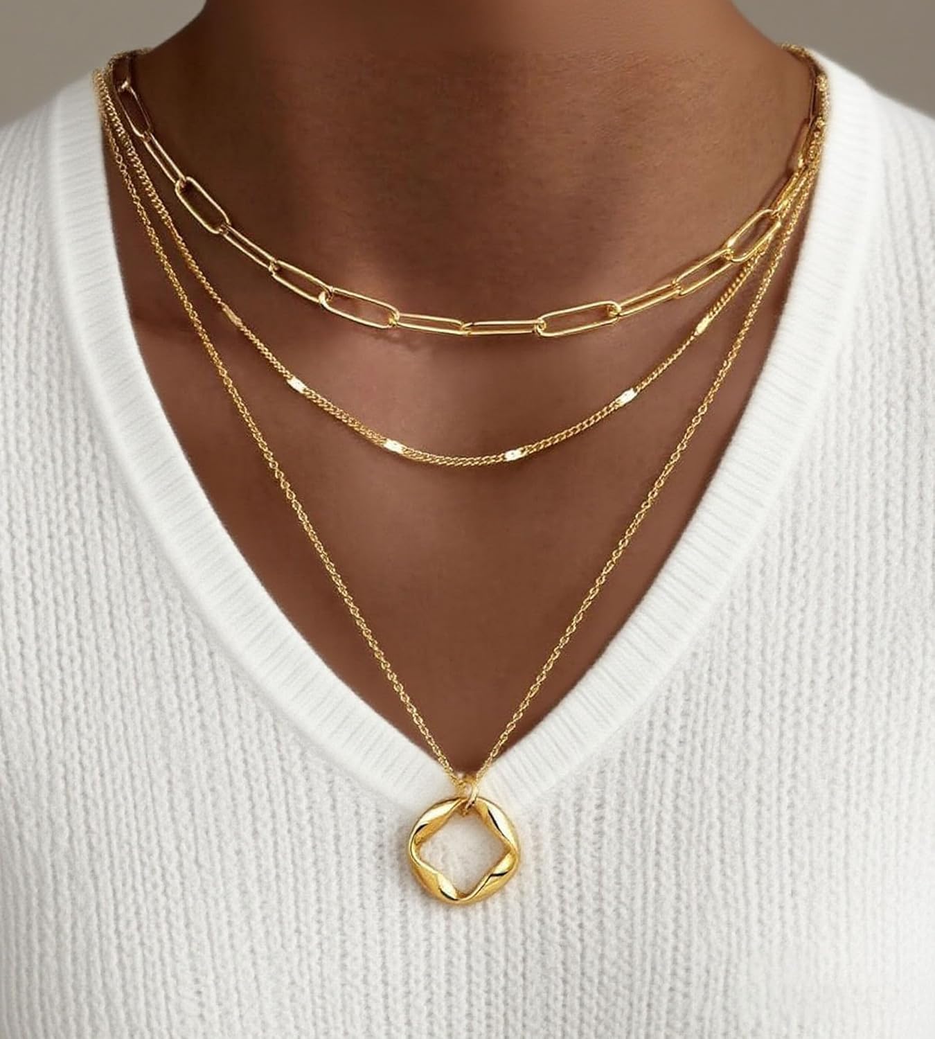 YEEZII Layered Gold Necklaces for Women Trendy, 3 Pcs 14K Gold Plated Choker Paperclip Box Chain Necklace, Stackable Women's Gold Pendant Necklaces Jewelry Set - Image 5