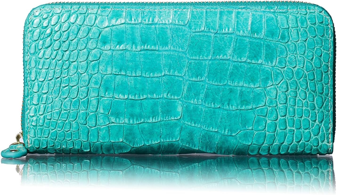VOICE Align type Long wallet Leather made by MASINI in Italy Cowhide ART.SPICE Beautiful Croc leather with delicate glitter Women's Elegant and easy to use Vertical card case In gift box (Turquoise)