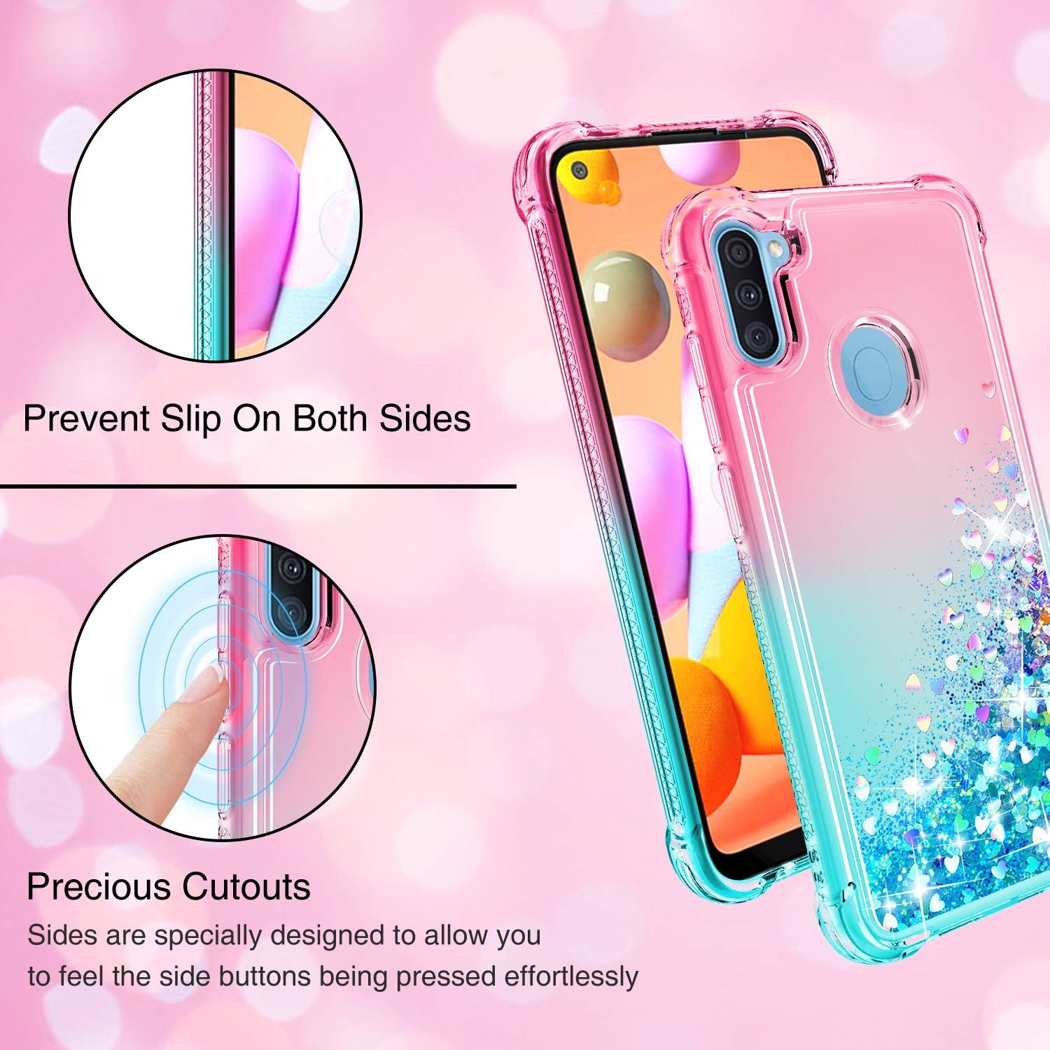 Gritup Galaxy A11 Case, Samsung A11 Phone Case with HD Screen Protector for Girls Women, Cute Clear Gradient Glitter Liquid TPU Slim Phone Case for Samsung Galaxy A11 Pink/Teal