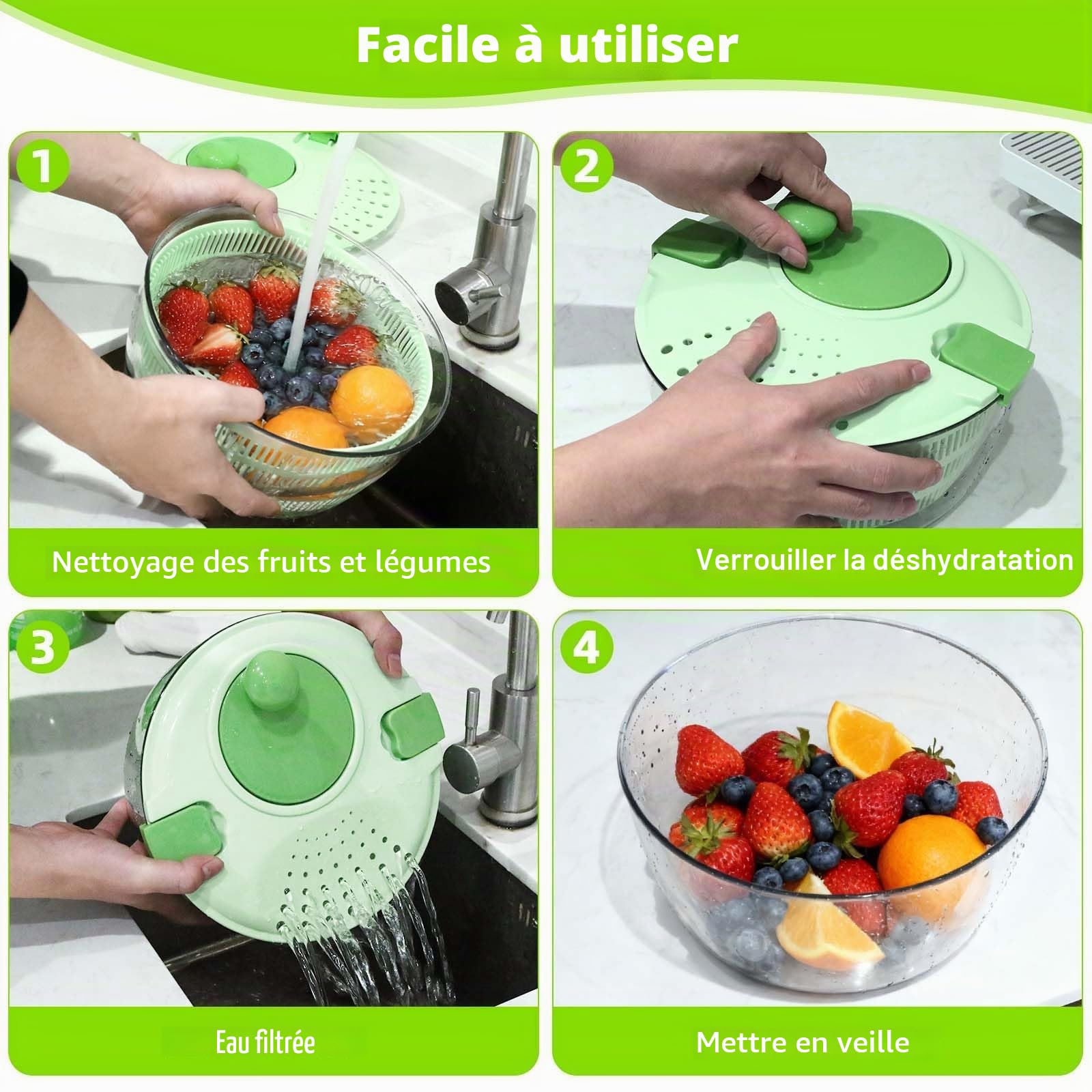 Essoreuse à Salade, 4 litres, ø 25 cm, sans BPA | Essorage de Salade, Plastique de Haute qualité, Essoreuse Salade avec couvercle et bec verseur pour Laver