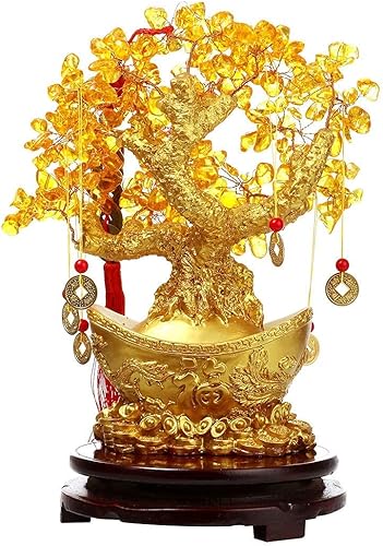 Miniatura 6 de Árbol del dinero de Feng Shui, árbol de la suerte de cuarzo amarillo, parte inferior con lingote dorado con base giratoria de sándalo, moneda china