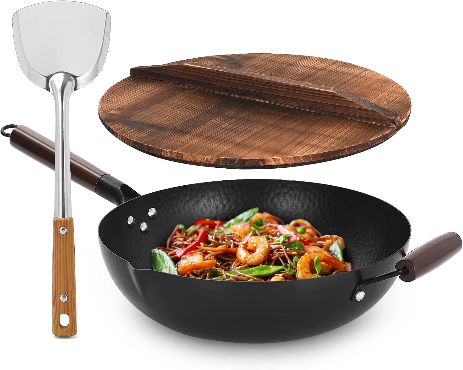 Cookeriess Hand Hammered Carbon Steel Wok, Wooden Lid & Asian Spatula