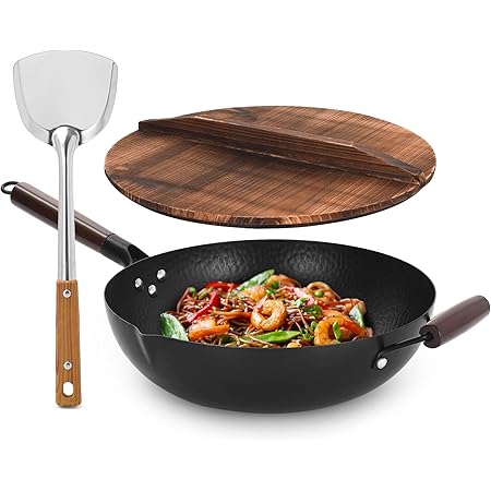 Cookeriess Hand Hammered Carbon Steel Wok, Wooden Lid & Asian Spatula with Wooden Handle - Stir Fry Pan for Chinese, Japanese, and Cantonese Cuisine – Flat Bottom Wok for Asian Cooking by Cookeries