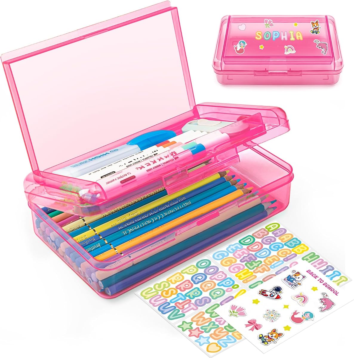 Double Layer Personalized Plastic Clear Hard Pencil Cases Box with stickers | Cute Colored Pen Cases Box with Snap-Tight Lid for School Supplies Marker Crayon Organizer Storage Box,Standard Size,Pink
