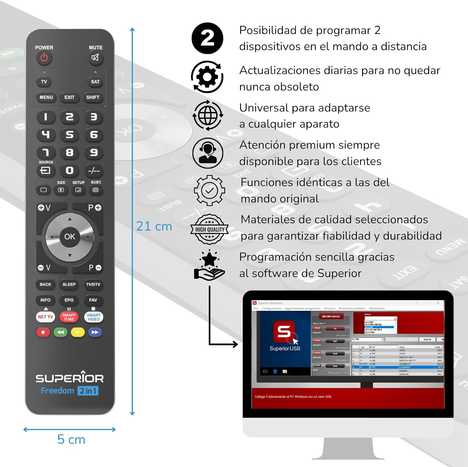 Superior Electronics Freedom 2in1 remote control with dimensions indicated
