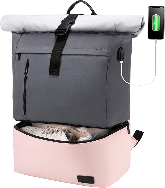 LOVEVOOK Rolltop Női Hátizsák Cipőtartó Rekesszel - Vízálló 17 Colos Laptop Táska Utazáshoz, Iskolába, Túrázáshoz, USB Töltőporttal (Szürke-