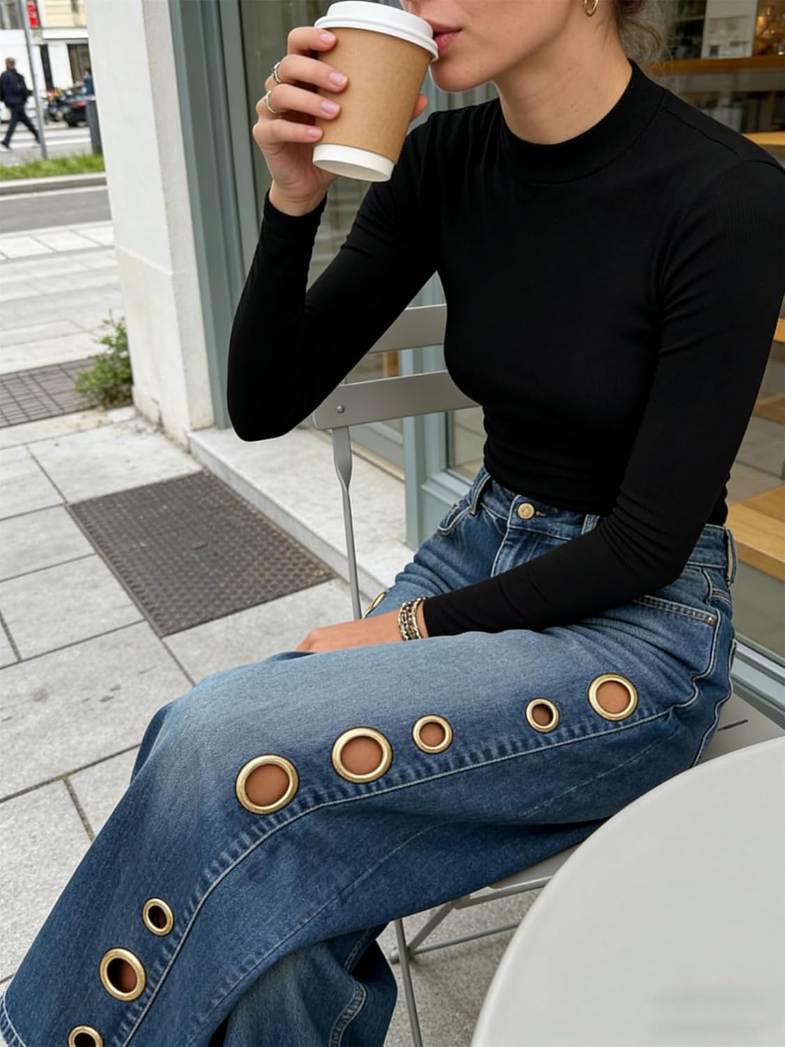 Women's High Waisted Wide Leg Jeans, 2026 Trendy Eyelet Cutout Grommet Washed Denim Pants, Baggy Hollow Out Trousers
