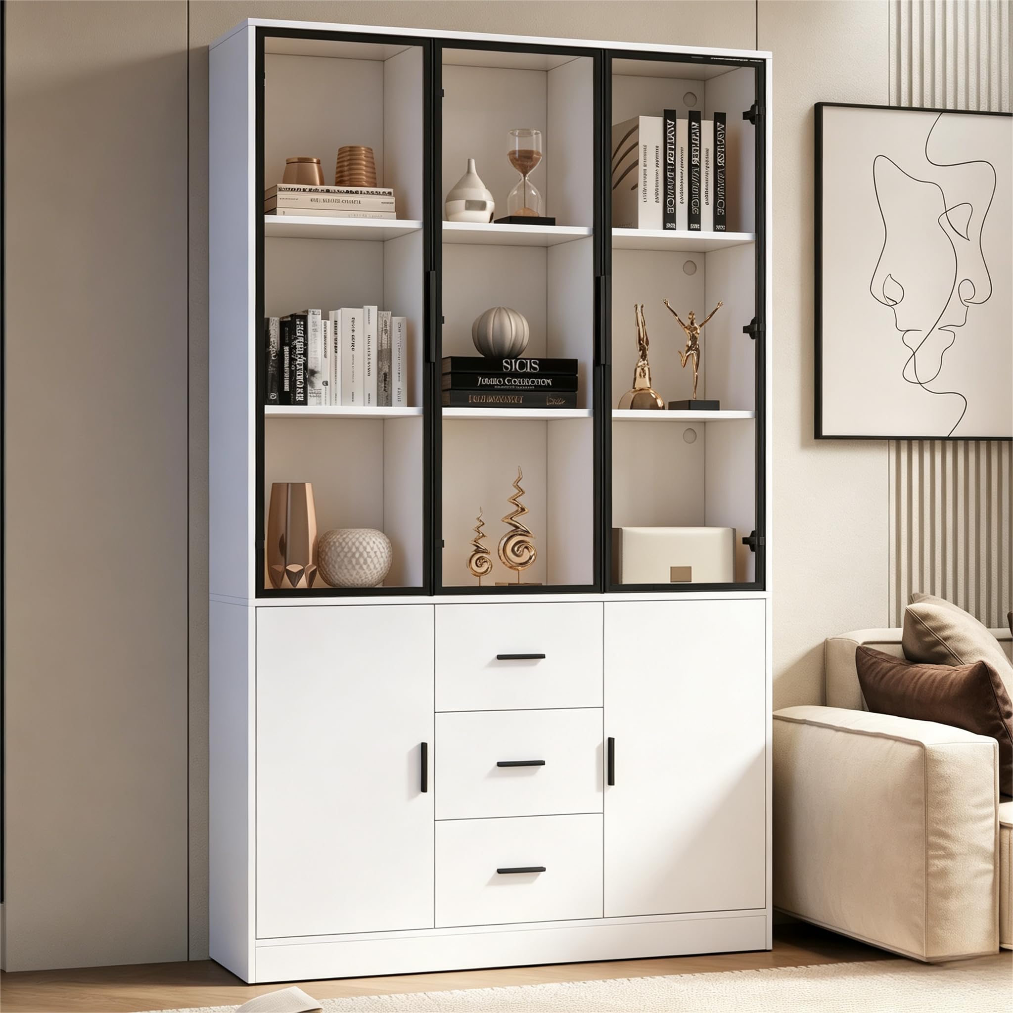 MURUL Vetrina bianca in vetro, 120 x 30 x 200 cm, armadietto in vetro, libreria, 3 cassetti, ante, armadio per soggiorno
